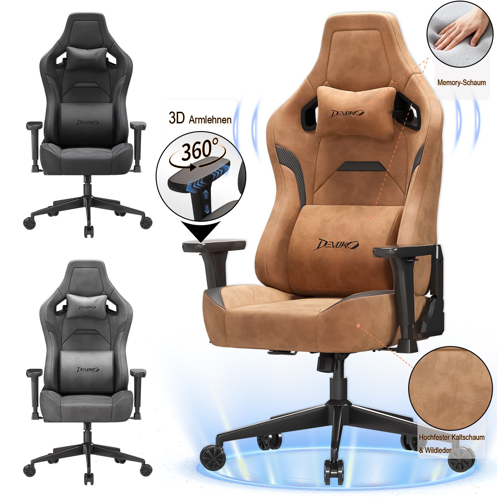 Devoko Gaming-Stuhl Luxuriöser Wildlederimitat,Ergonomisch & Großzügigem Sitz,Bürostuhl, Verstellbare Rückenlehne 90°–135°,3D-verstellbare Armlehnen