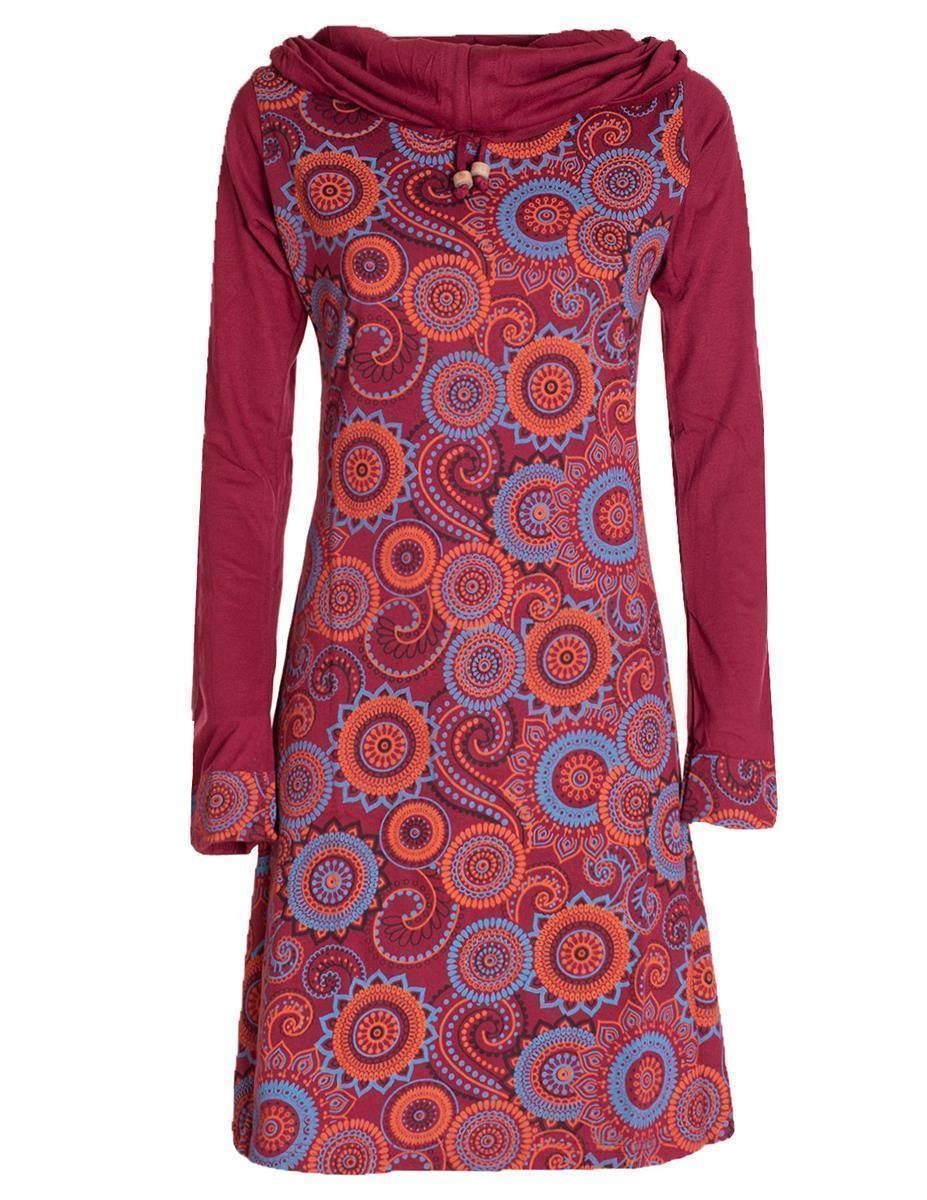 Vishes Jerseykleid Langarm Kleid Schal-Kleid Winterkleider Baumwollkleid Hippie, Goa, Ethno Style dunkelrot