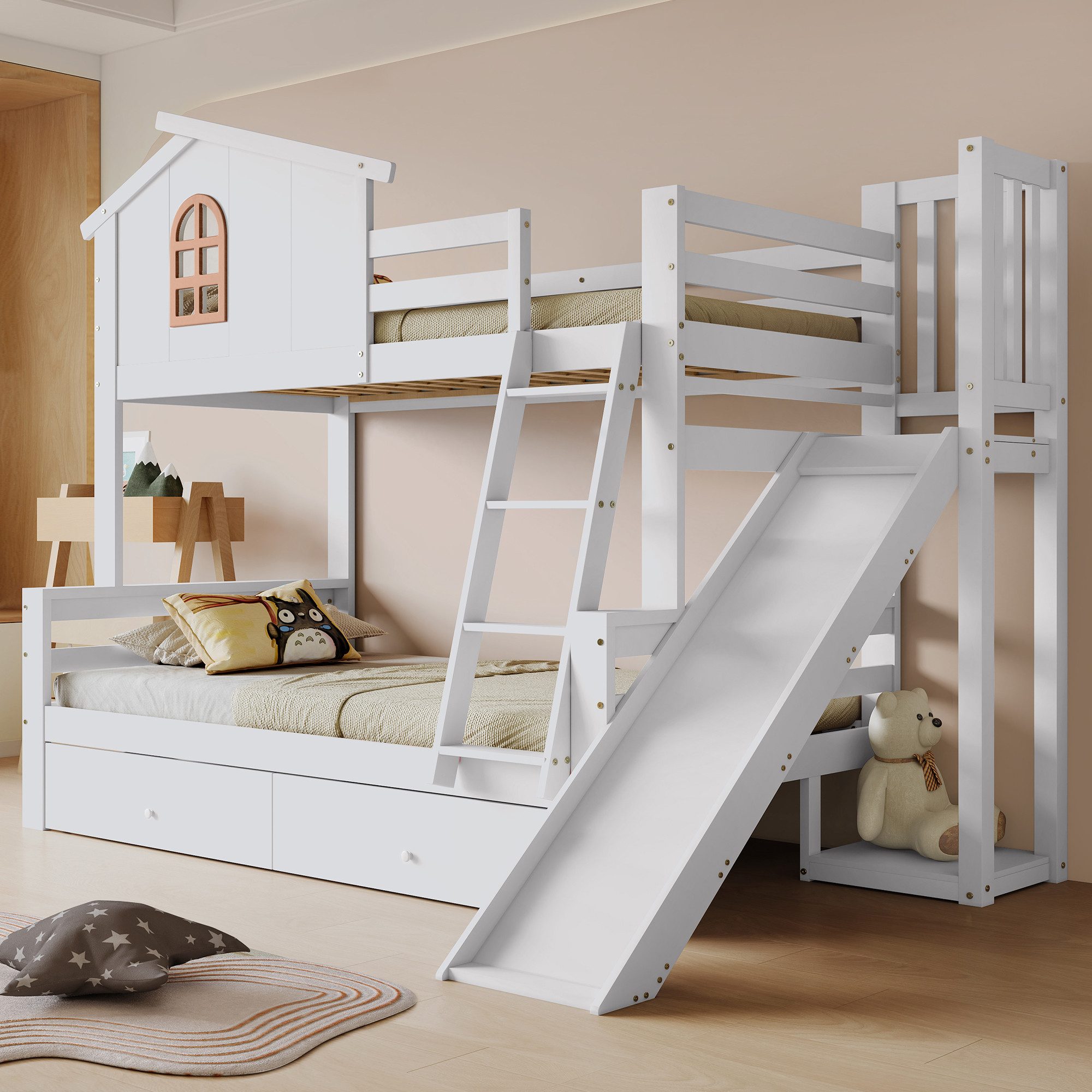 Merax Etagenbett 90x200/120x200cm (1-St), Massivholz Hochbett Kinderbett mit Rutsche Fenster Stauraum & Leiter