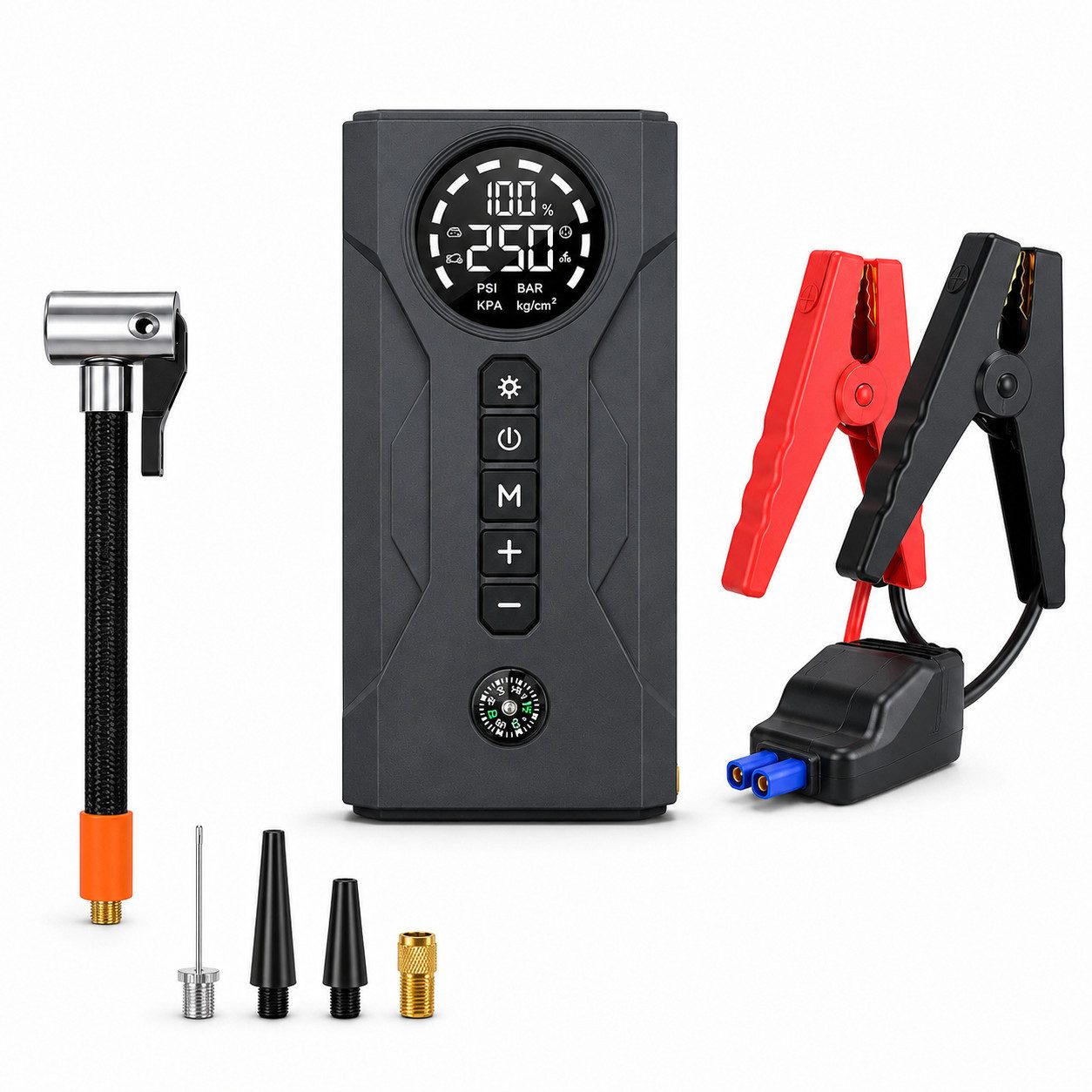 Tekoo Starthilfe Powerbank 12V 1200A mit Kompressor und LED Licht Autobatterie-Ladegerät (Packung, 4-in-1 Starthilfe-Set mit Kompressor und Powerbank, 12V, 1200A, 7200 mAh, Kompressor, LED-Licht)