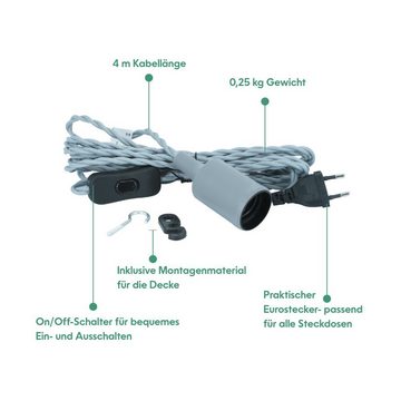 PARUS Pflanzenlampe Zubehör, ohne Leuchtmittel, 4 Meter Kabel, Parus by Venso E27 Lampenfassung Helix 4m Textilkabel Grau, Eurostecke