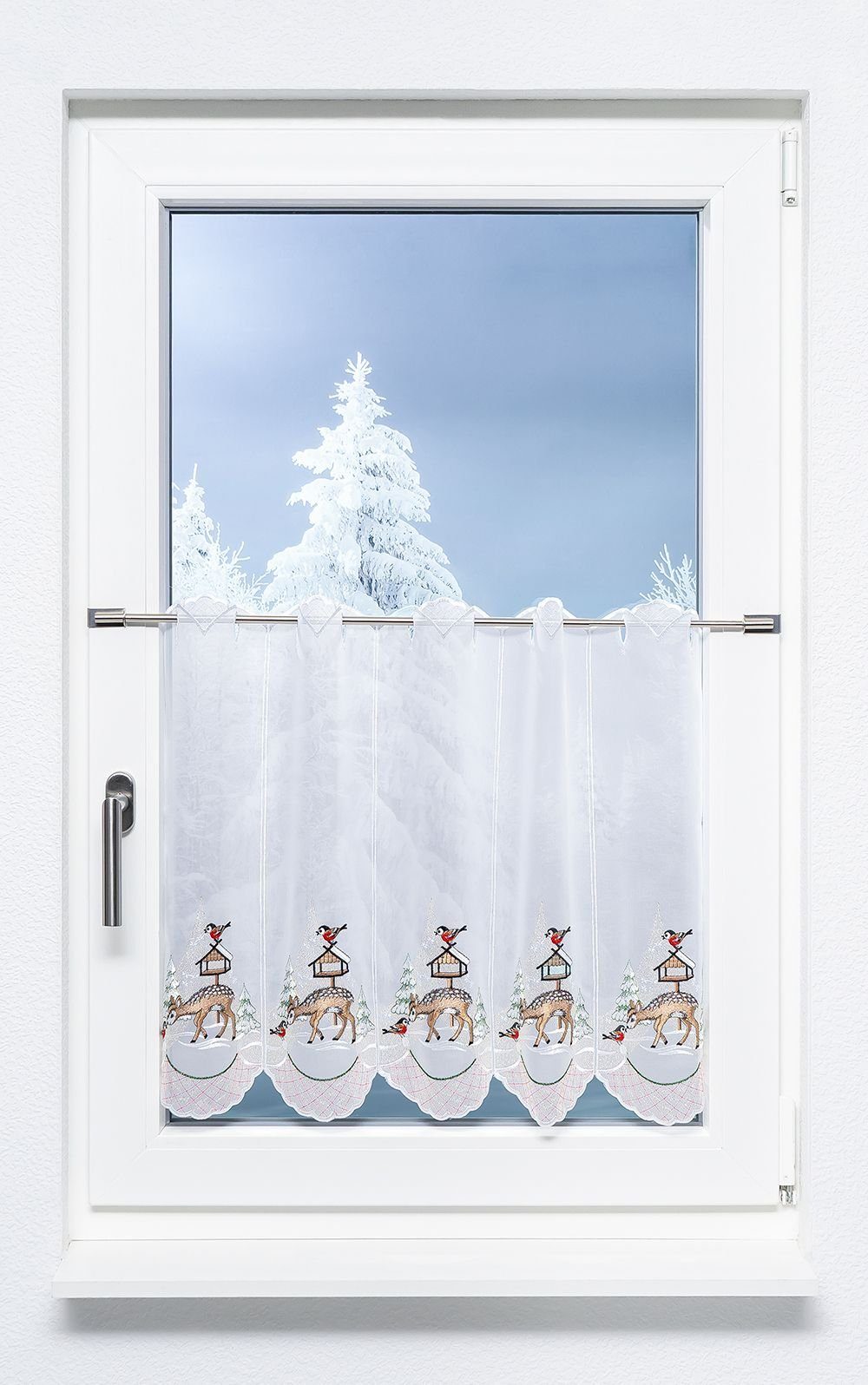 Plauener Spitze® Scheibengardine Rehkitz im Winter (1 St), transparent, HxB günstig online kaufen