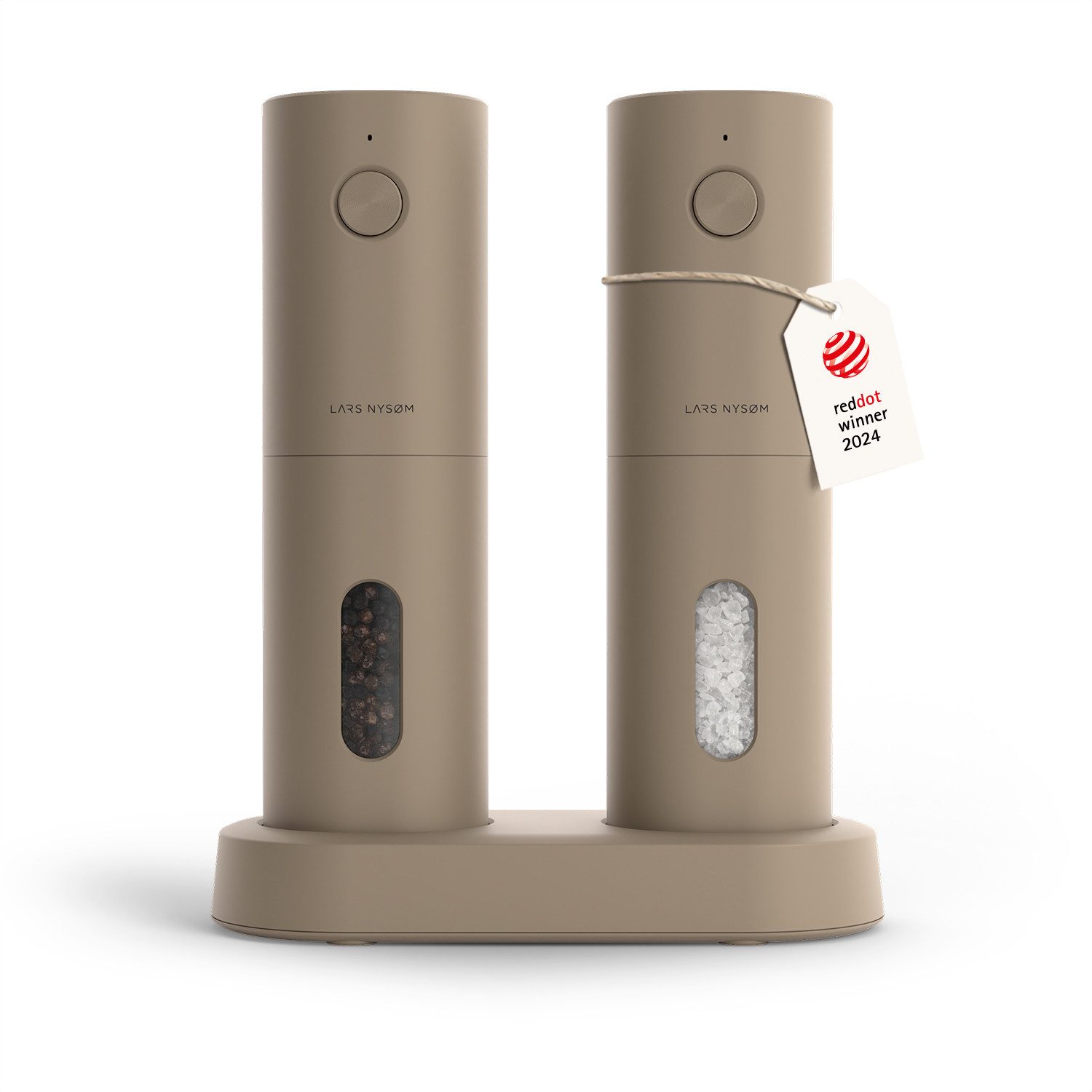 LARS NYSØM Gewürzmühle Spænding praktische Einhandbedienung per Drucktaste, (2 Stück), elektrische Salz- & Pfeffermühle mit eingebautem LED-Licht