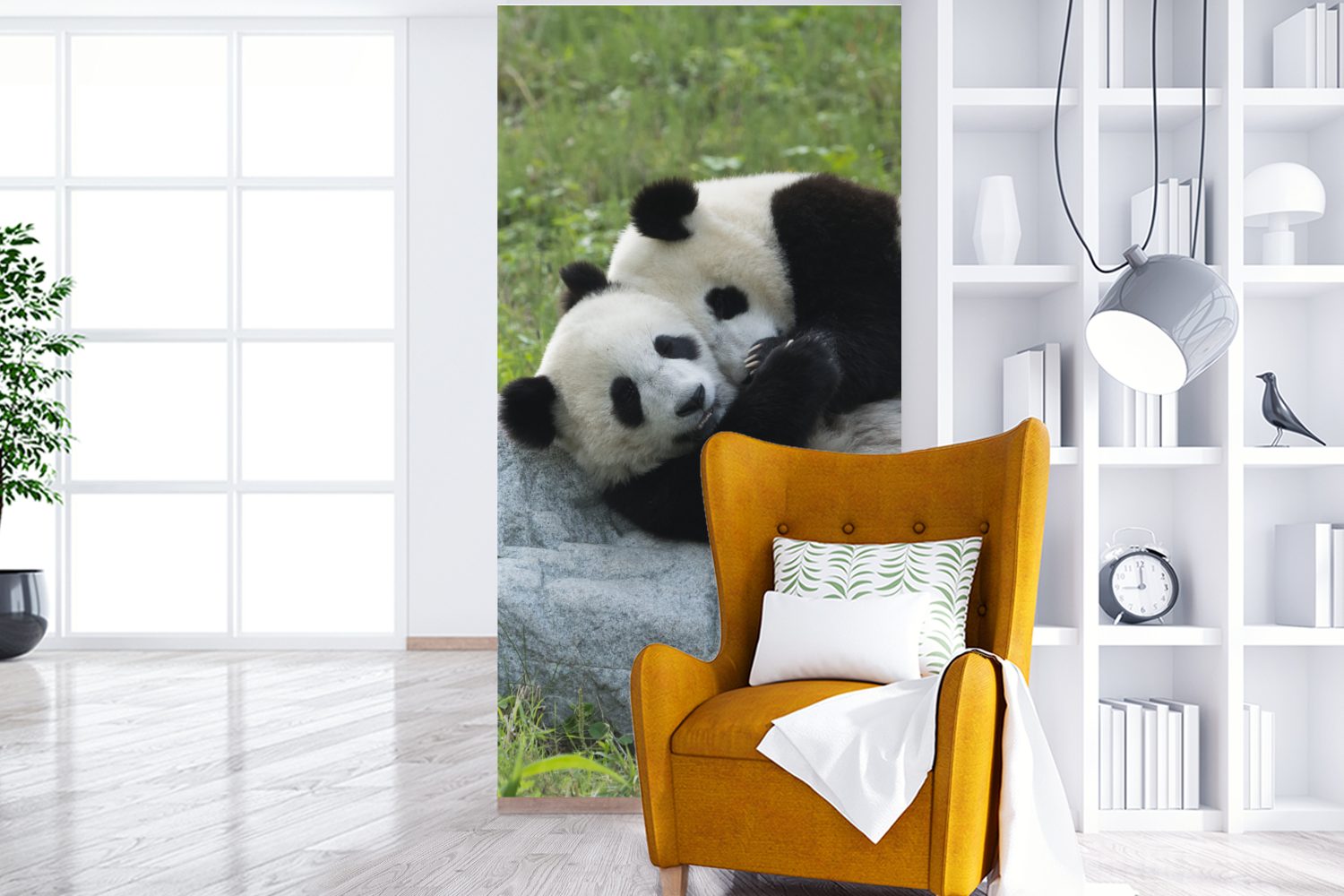Gras Wohnzimmer MuchoWow Schlafzimmer bedruckt, Fototapete Pandas - für (2 Küche, St), Vliestapete - Stein, Matt, Fototapete