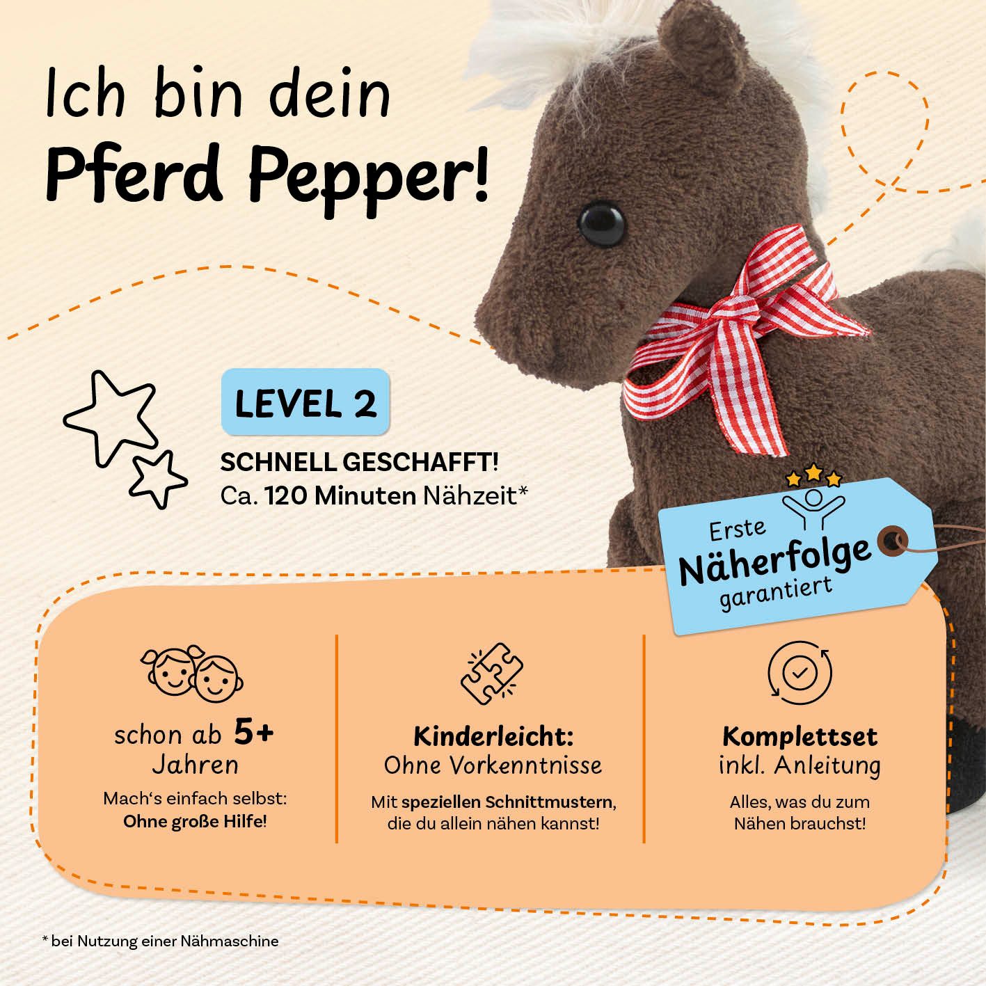 cuci cuci Kreativset Näh-Baukasten für Kinder - erste Näherfolge garantiert, (Pferd Pepper), Komplettset mit allem, was du zum Nähen brauchst