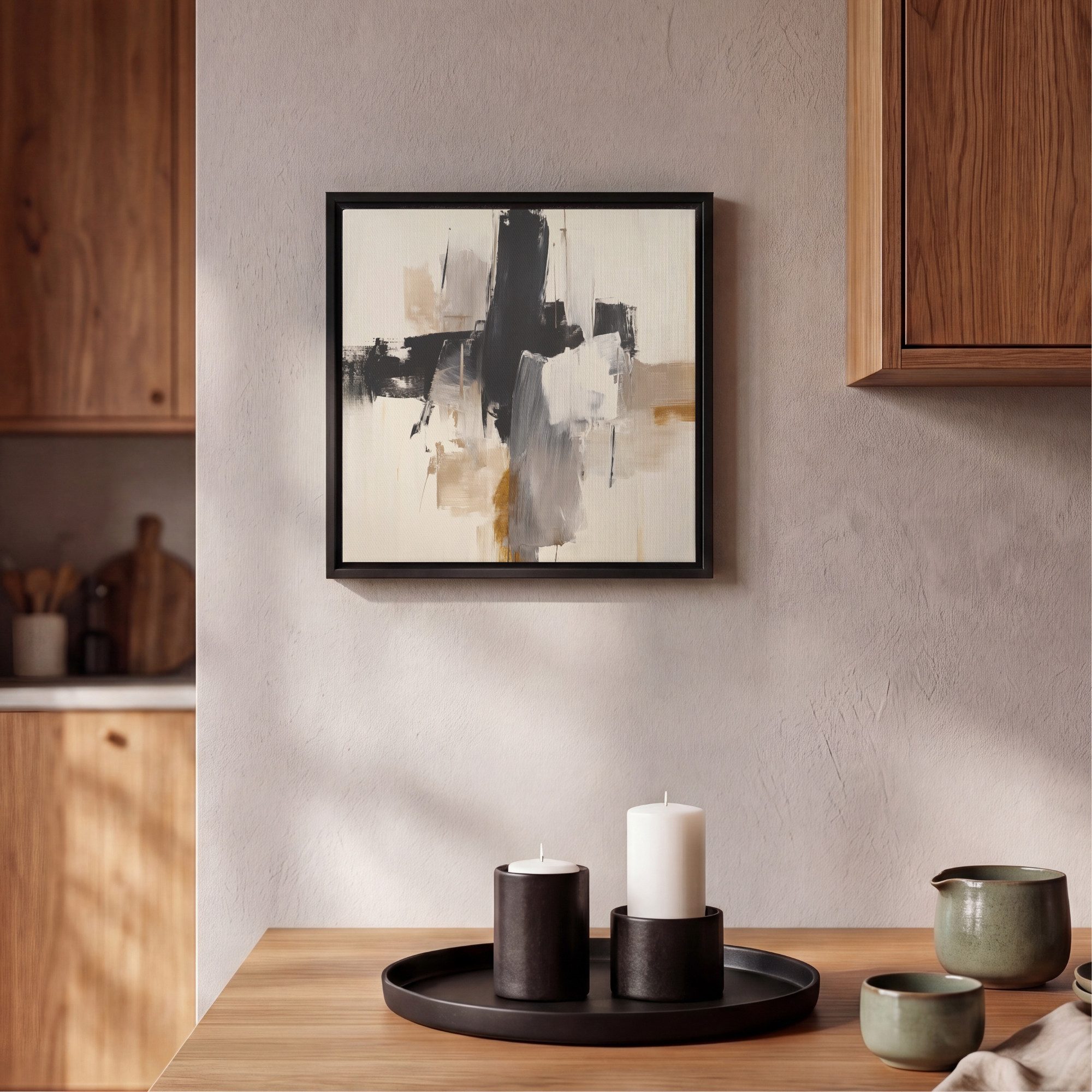 OneMillionCanvasses® Leinwandbild mit Rahmen - Pinselstriche - Grob - Abstrakt - Beige, Fotodruck (1 St), Leinwand Bilder Klein, Wand Dekoration Aesthetic 20x20 – Bild 2 von 5