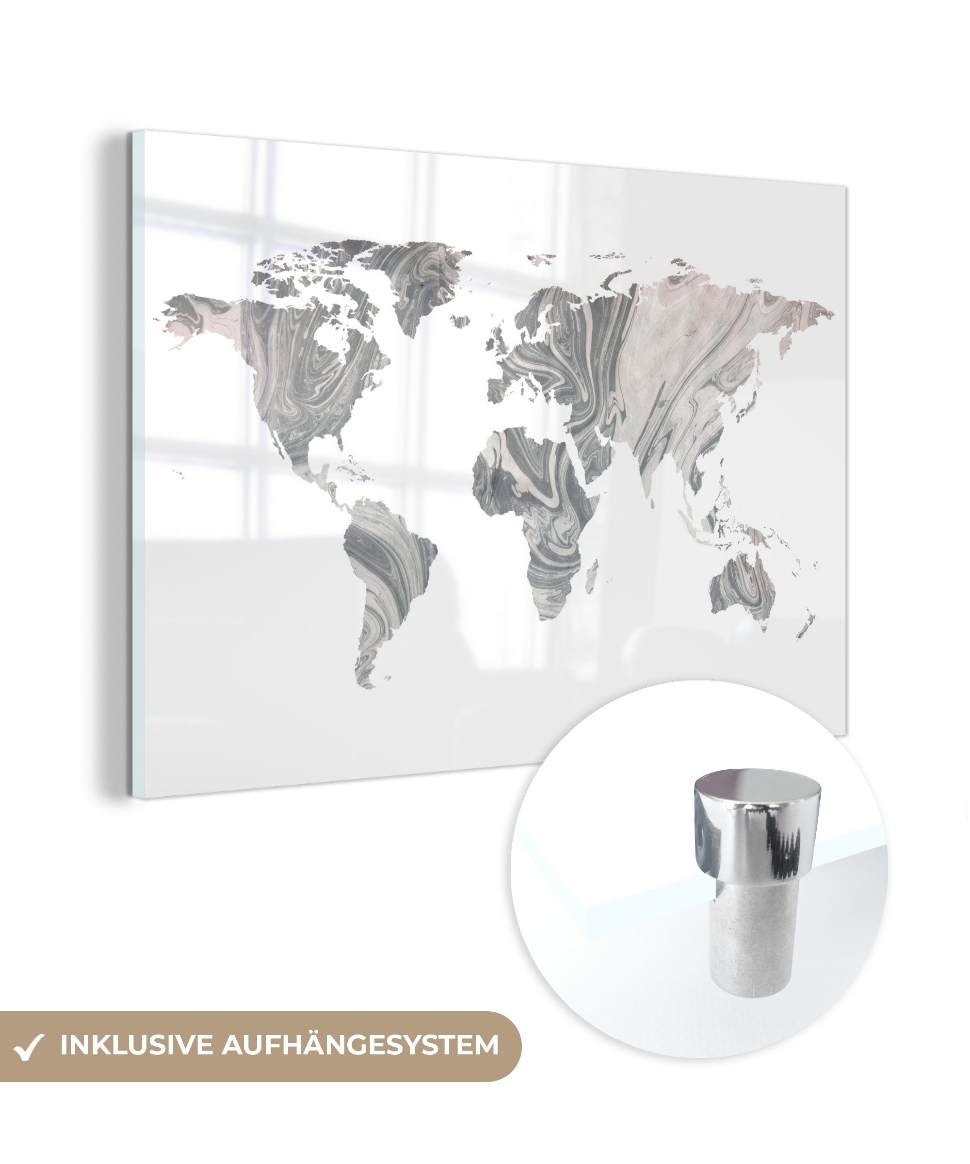 MuchoWow Acrylglasbild Weltkarte - Farbe - Grau, (1 St), Glasbilder - Bilder auf Glas Wandbild - Foto auf Glas - Wanddekoration