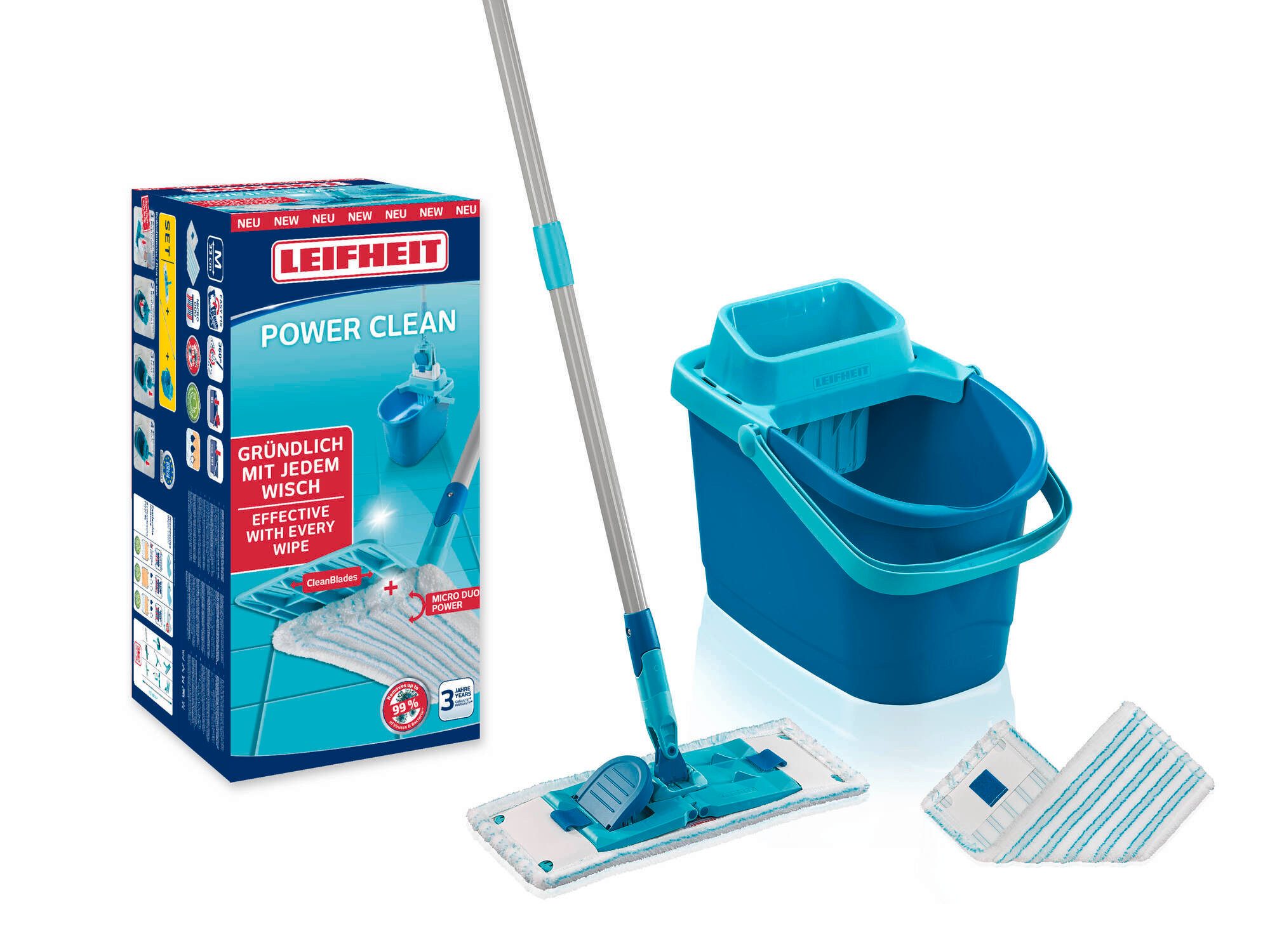 Leifheit Wischmopp Set POWER CLEAN mit 2x Ersatzbezug micro duo, Waschbar bei 60°C, Wischbreite 33cm, 360° Gelenk, Arbeitshöhe 148cm