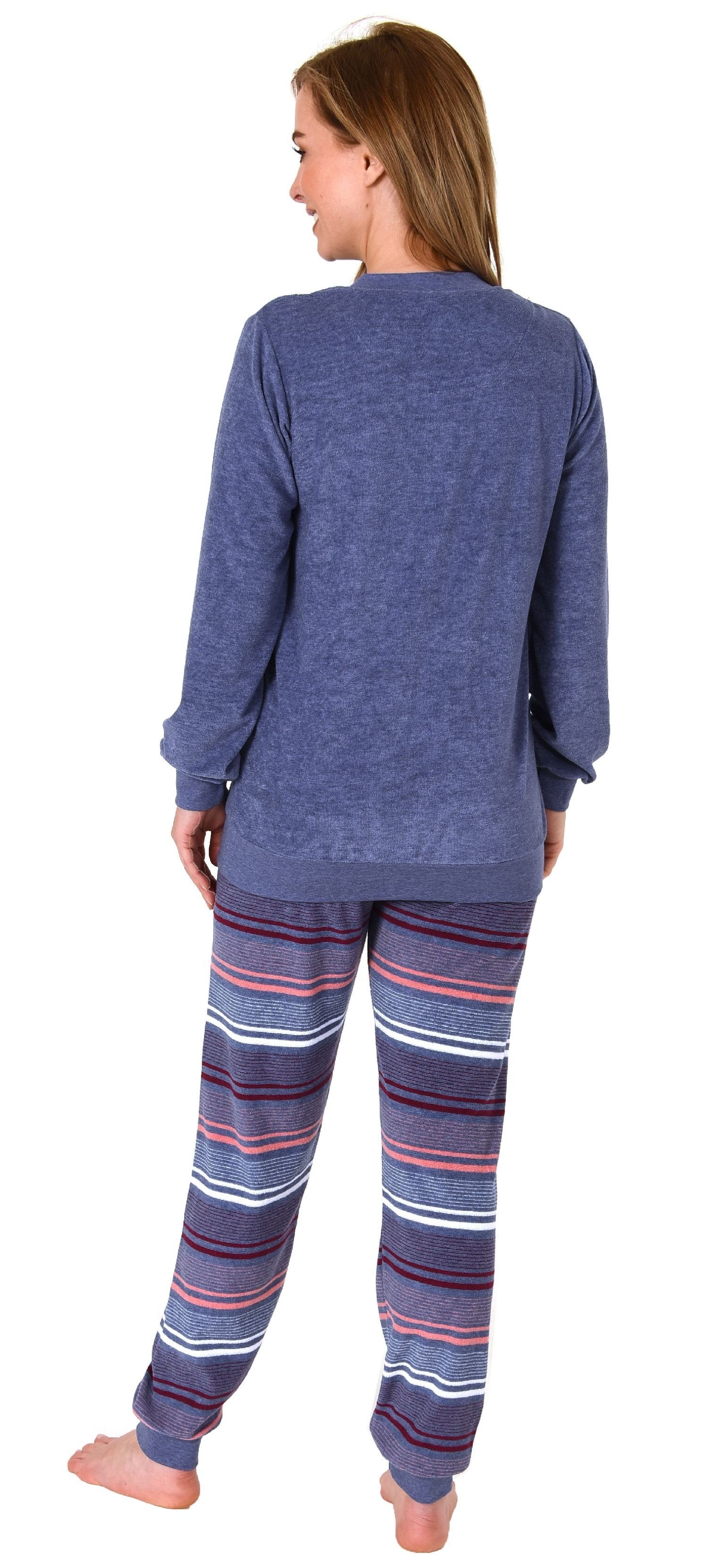 Normann Pyjama Damen Frottee Pyjama mit gestreift Hose blau-melange lang Bündchen
