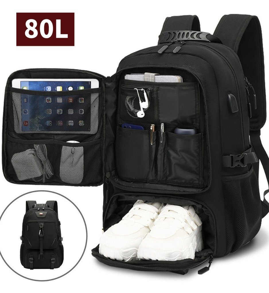 NULSTA Reiserucksack Erweiterbarer Sportrucksack XL mit Schuhfach Schulrucksack (mit USB Ladeanschluss Anti Diebstahl Business Arbeit Reisen), für Fitnessstudio Arbeit Camping, Herren Damen, Schwarz