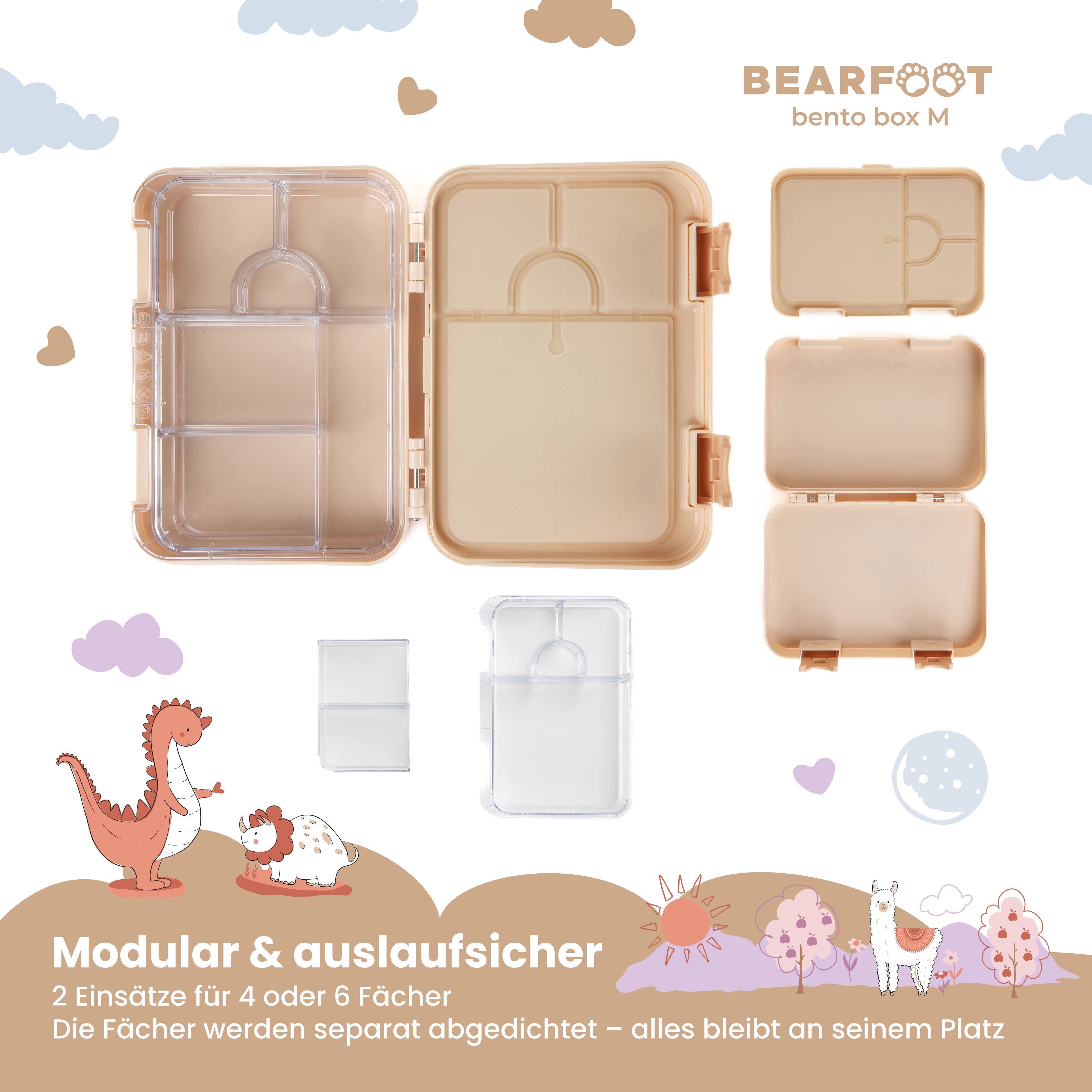 BEARFOOT Lunchbox Fächern, mit Kinder Dinos, box handgezeichnete Brotdose Bento modular Designs, - Dinos-braun Lunchbox