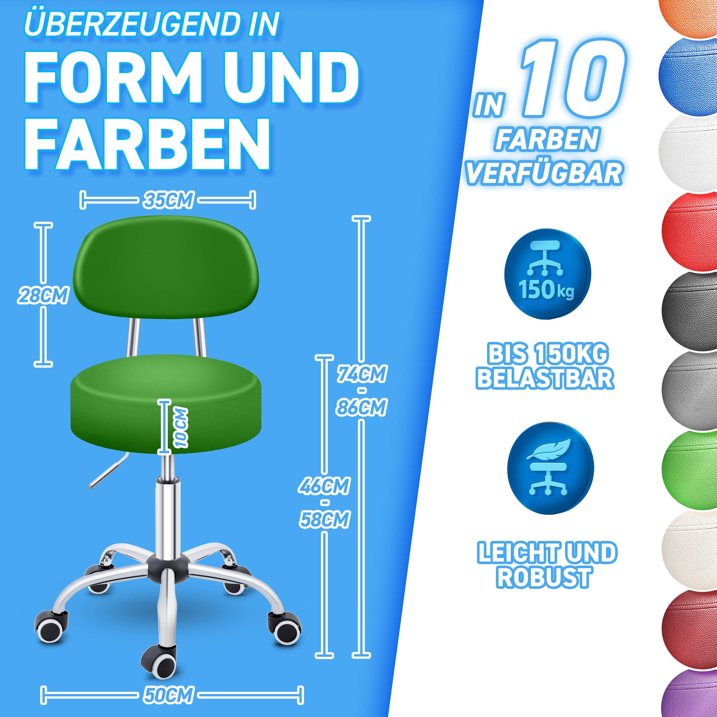 TRESKO Drehhocker Rollhocker mit Lehne, Arbeitshocker höhenverstellbar 46-58 cm, Bürostuhl mit Rollen Hocker Drehstuhl Kosmetikhocker