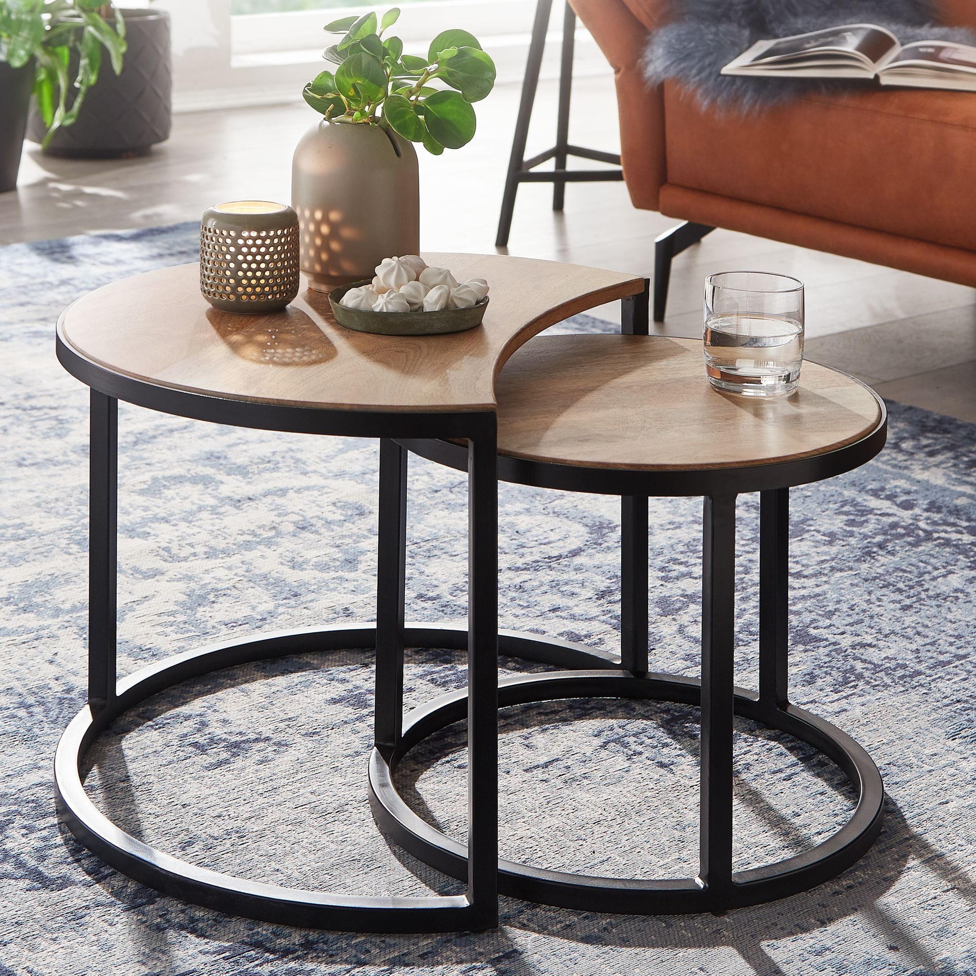 FINEBUY Couchtisch FB25165 Set 2er Massivholz rund Natur Wohnzimmertisch Sa günstig online kaufen
