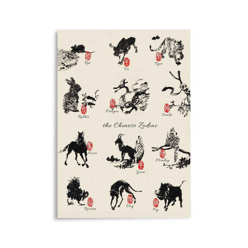 GalaxyCat Poster Chinesische Tierkreiszeichen Wandbild, Hartschaumplatte, 42x30cm, Chinesische Tierkreiszeichen (1 St), Tierkreiszeichen Bild