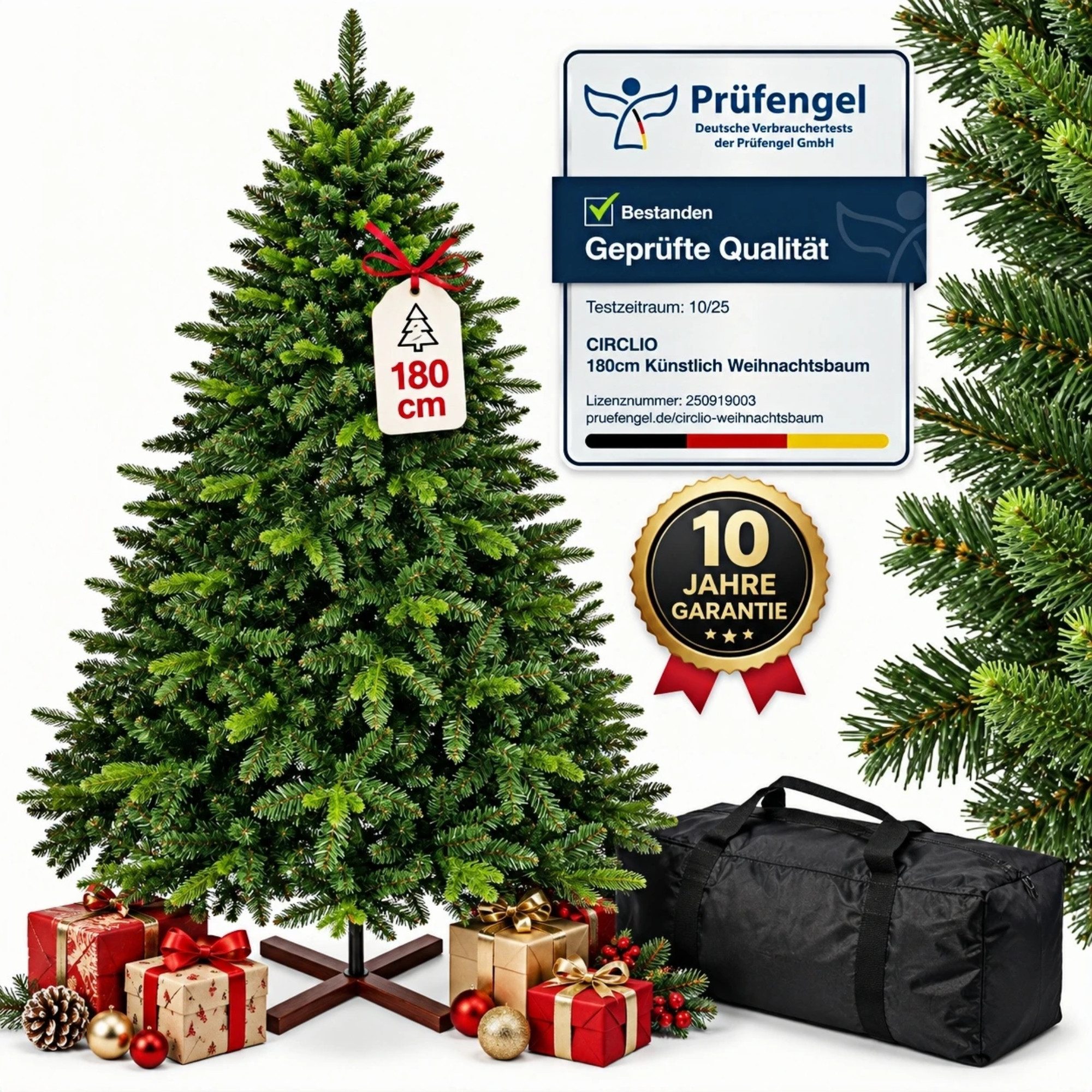 Circlio Künstlicher Weihnachtsbaum 180 cm Weihnachtsbaum mit 1152 Spitzen, PE/PVC Tannenbaum, Christbaum mit Holzständer, schwer entflammbar & wiederverwendbar