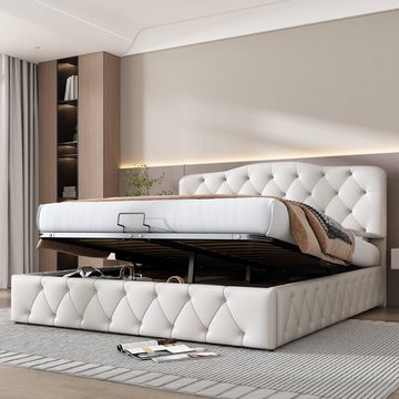 REDOM Polsterbett Doppelbett Bett hydraulisches Funktionsbett (mit Lattenrost und höhenverstellbares Kopfteil, 140x200 cm), Einfache Montage, Samt, beige