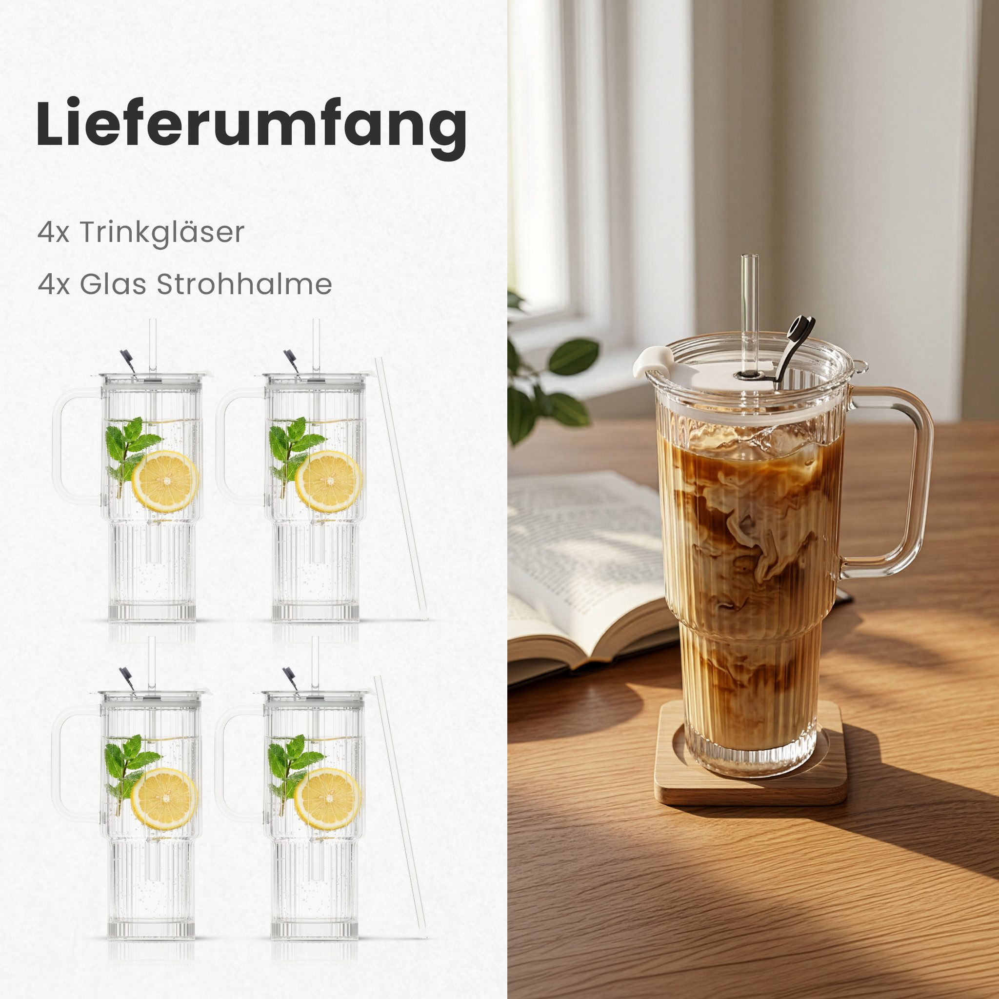 Lemontree Gläser-Set Glasbecher mit Deckel und Strohhalm 2er Set – 760ml Trinkgläser, 4-tlg., Borosilikatglas, Geriffelte Trinkgläser mit Deckel – auslaufsicherer Smoothie Becher