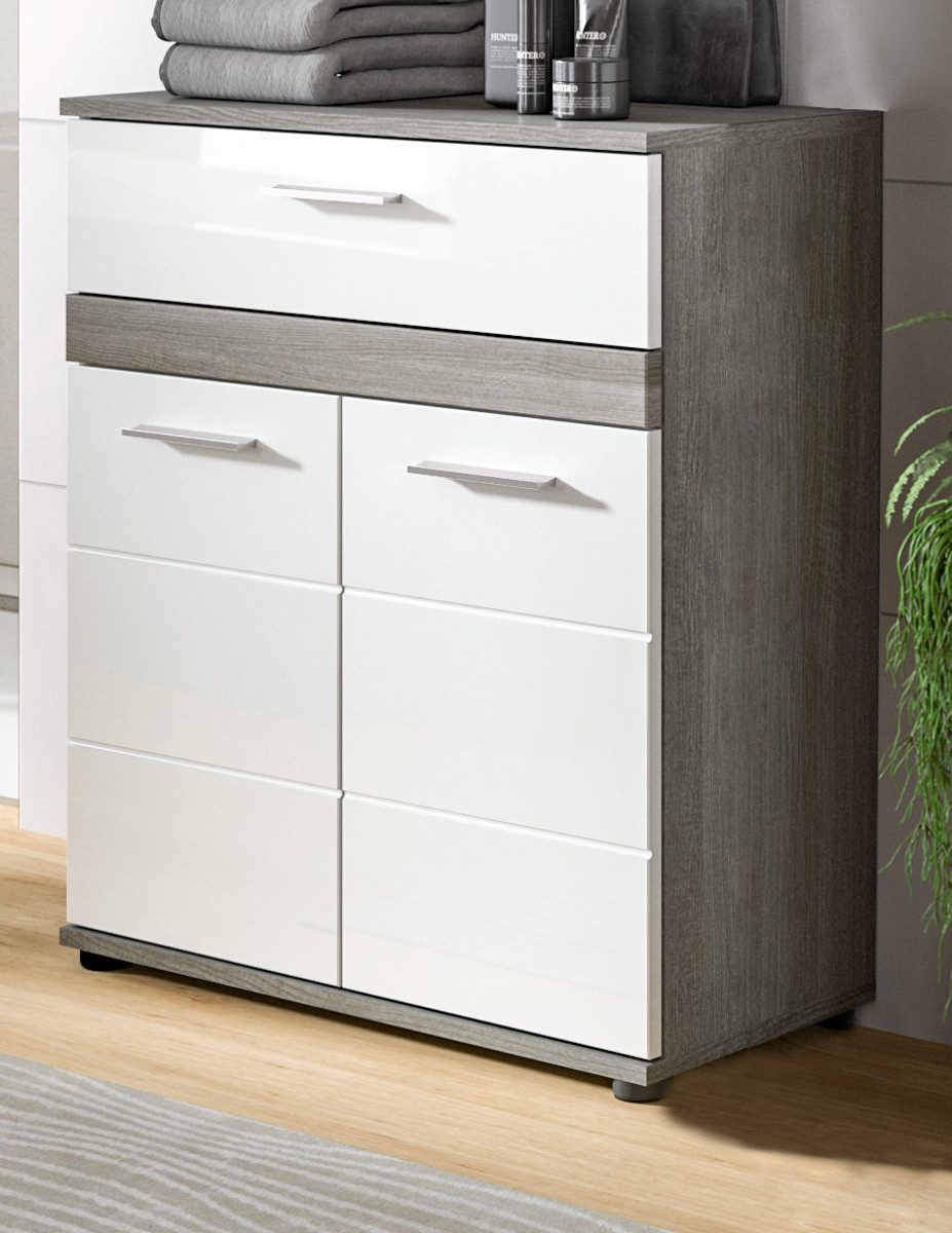 Inn.Furn Badkommode Bailey (in Weiß Hochglanz und Grau Rauchsilber, 2-türig, Breite 71 cm), mit großem Schubkasten