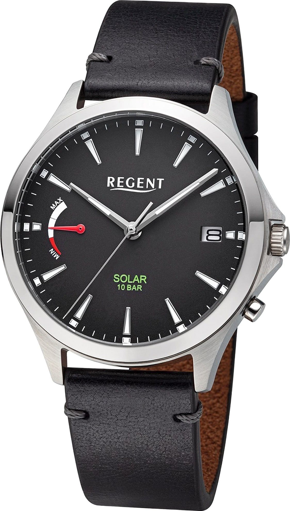 Regent Solaruhr Regent Herren Solaruhr Analog Lederarmband, (Solaruhr), Herren Solaruhr rund, extra groß (ca. 41mm), Lederarmband