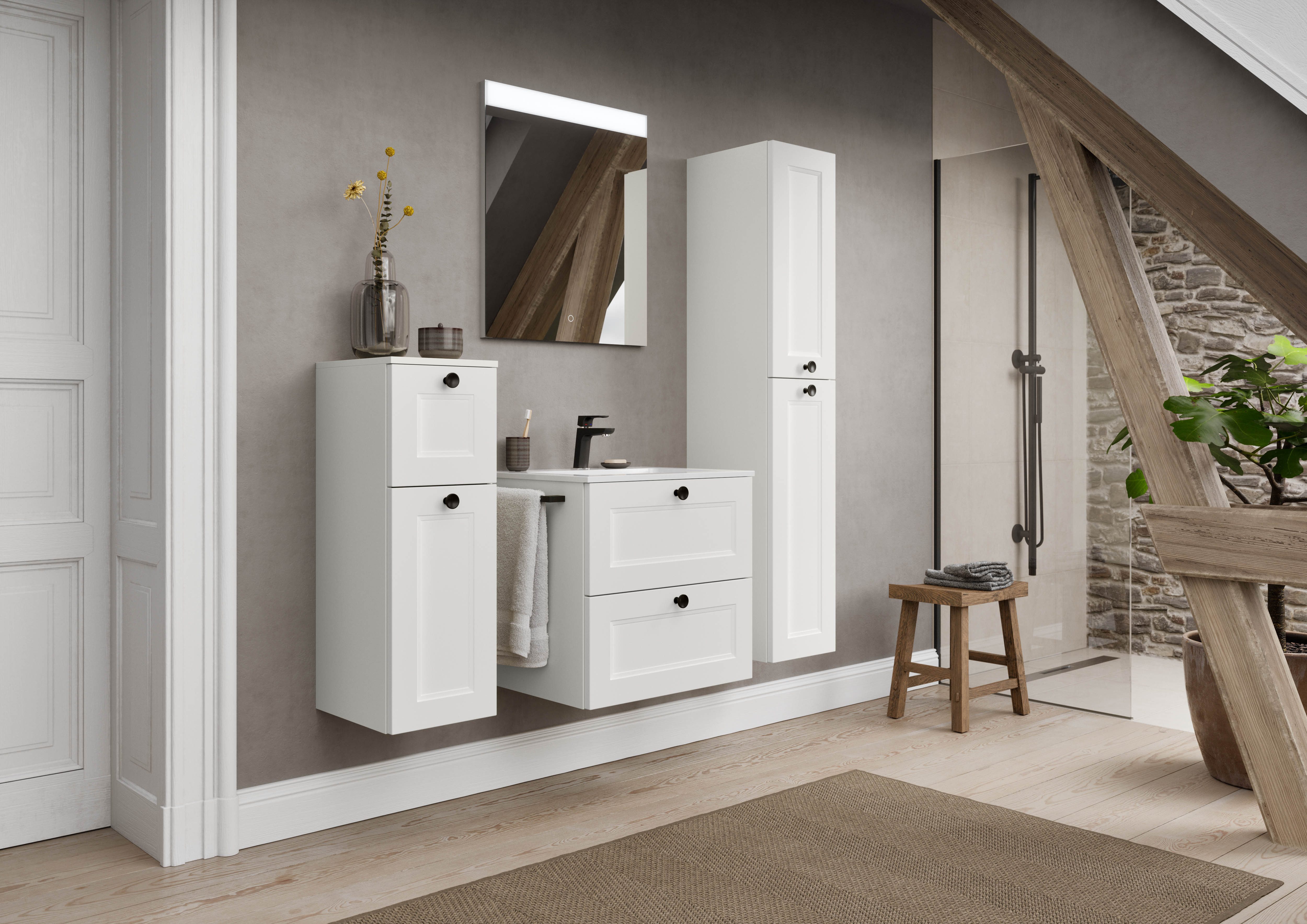 nobilia® Badmöbel-Set Cascada, (Set, 4-St., mit Waschbecken, inkl. beleuchtetem Spiegel mit Touch-Sensor), vormontiert, mit Soft-Close, in vier Breiten