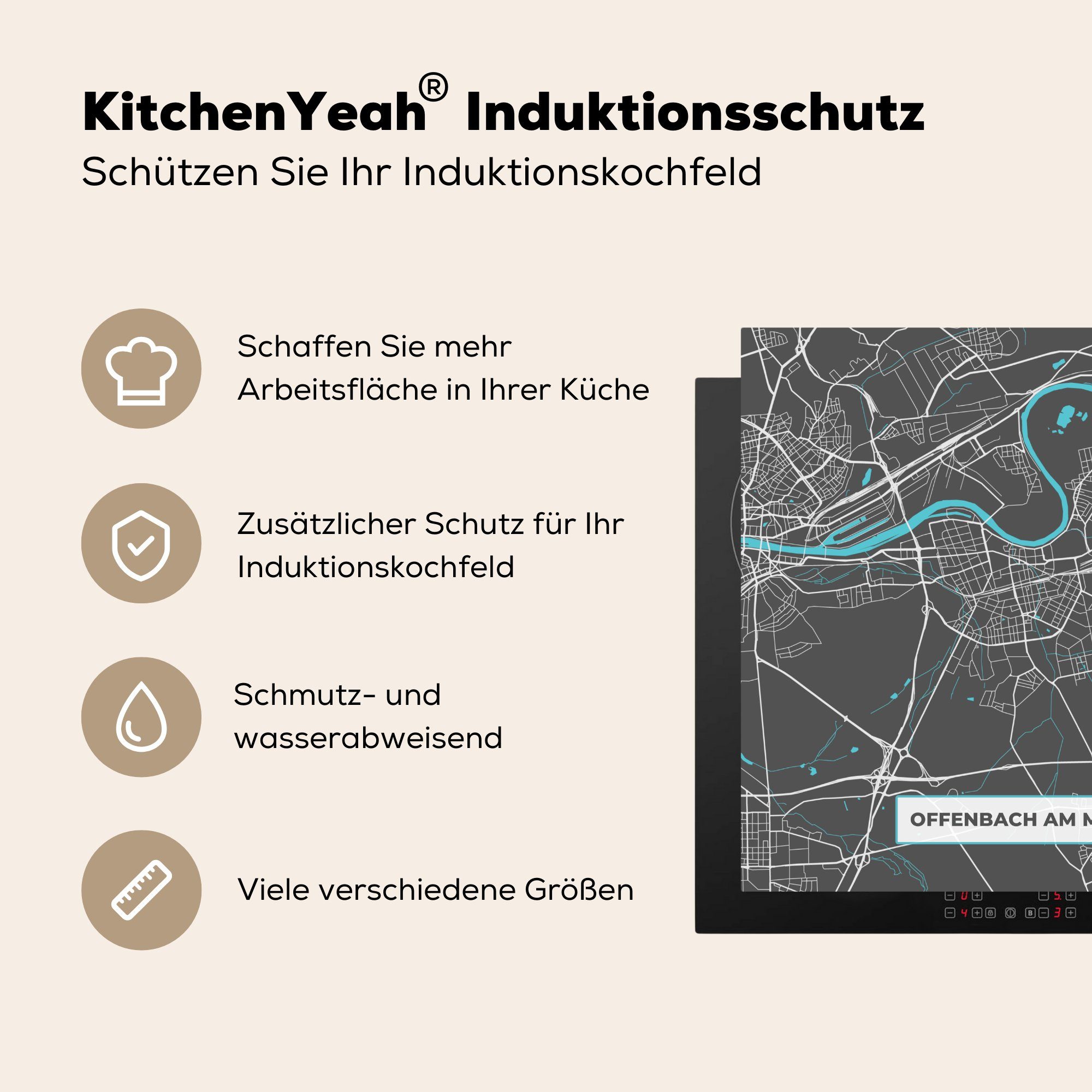 MuchoWow Arbeitsplatte cm, am Deutschland - (1 - Stadtplan Offenbach Karte Vinyl, für Blau, - 78x78 Ceranfeldabdeckung, - Main küche tlg), Herdblende-/Abdeckplatte