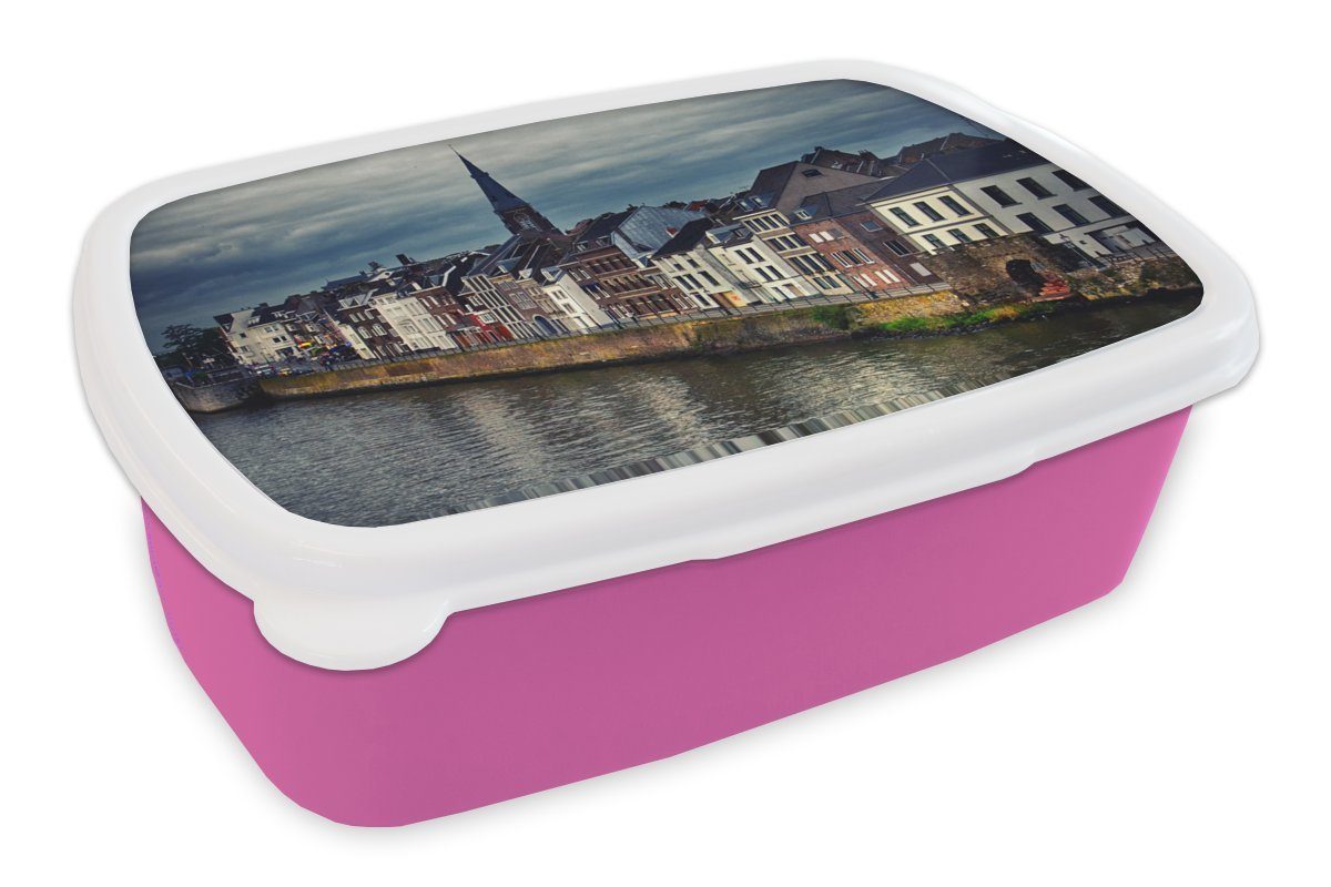 MuchoWow Lunchbox Skyline - Haus - Maastricht, Kunststoff, (2-tlg), Brotbox für Erwachsene, Brotdose Kinder, Snackbox, Mädchen, Kunststoff rosa
