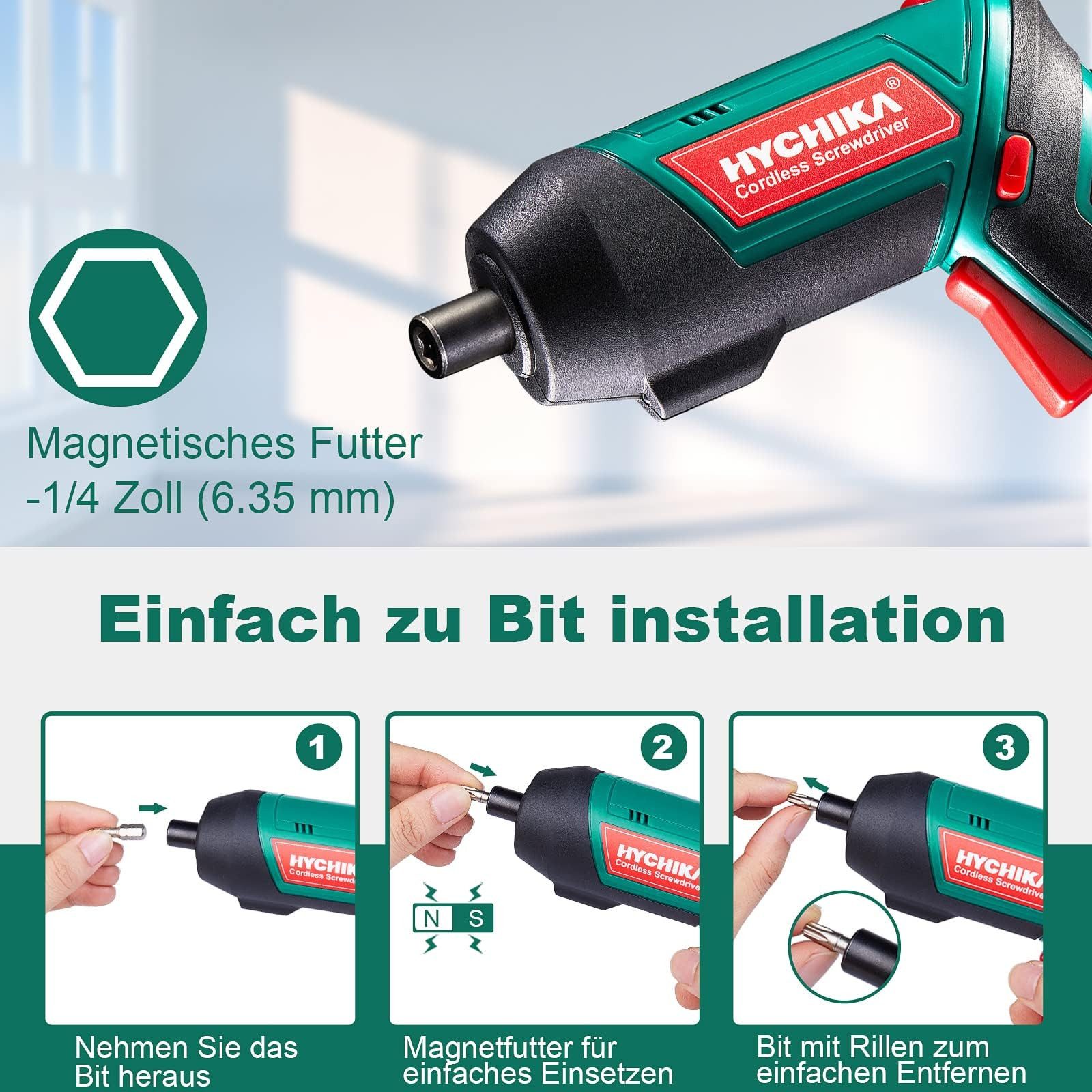 HYCHIKA Elektro-Schraubendreher Hychika Akku-Schraubendreher, 6 Nm Drehmoment, 2000 mAh Akku