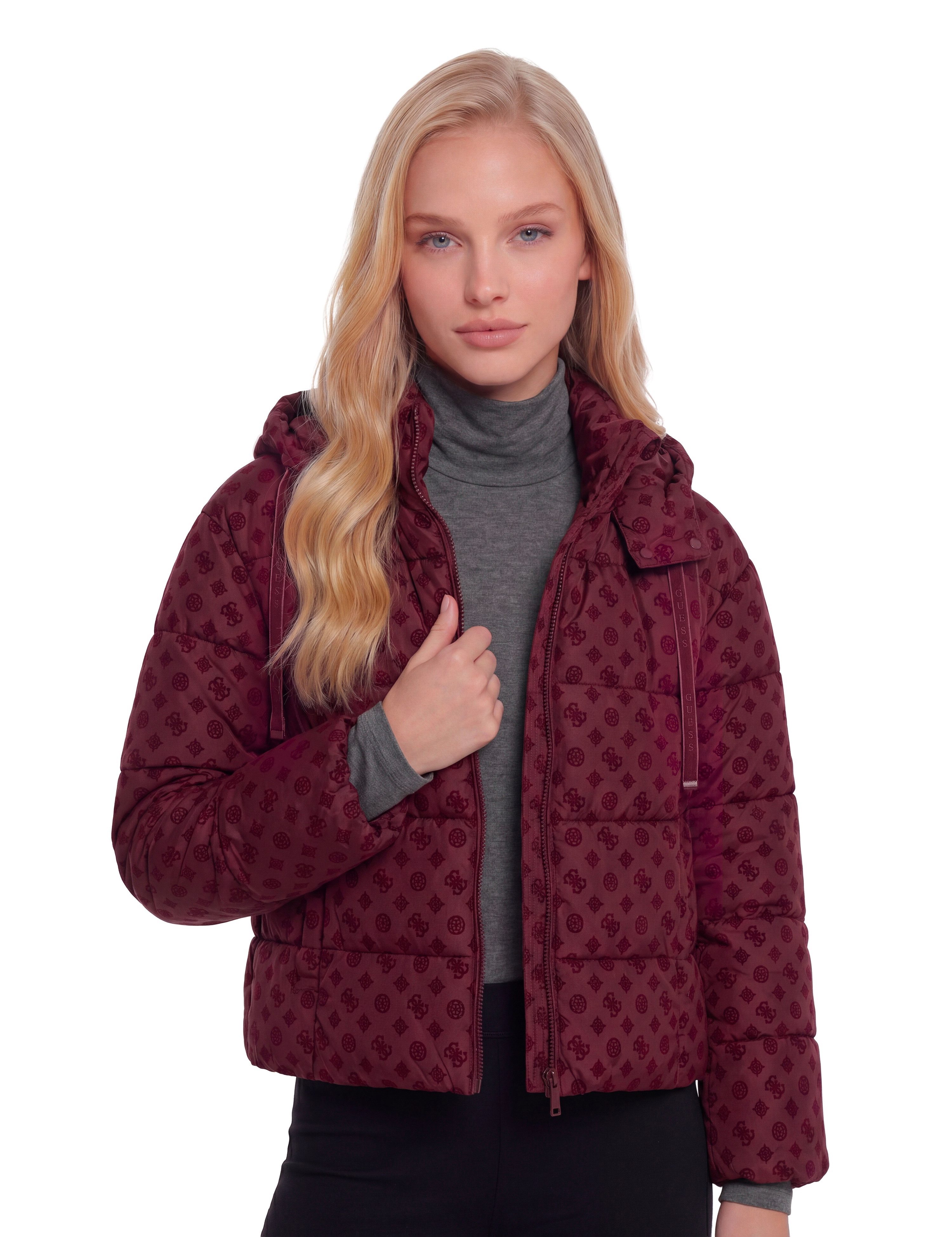 Guess Steppjacke NEW DAISY CROP LOGO PUFFER mit verstellbarem Saum, 4G-Velours-Logos