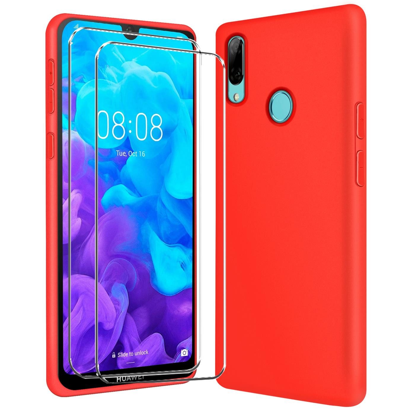 CoolGadget Handyhülle Rot als 2in1 Schutz Cover Set für das Huawei P Smart 2019 6,21 Zoll, 2x Glas Display Schutz Folie + 1x TPU Case Hülle für P Smart 2019