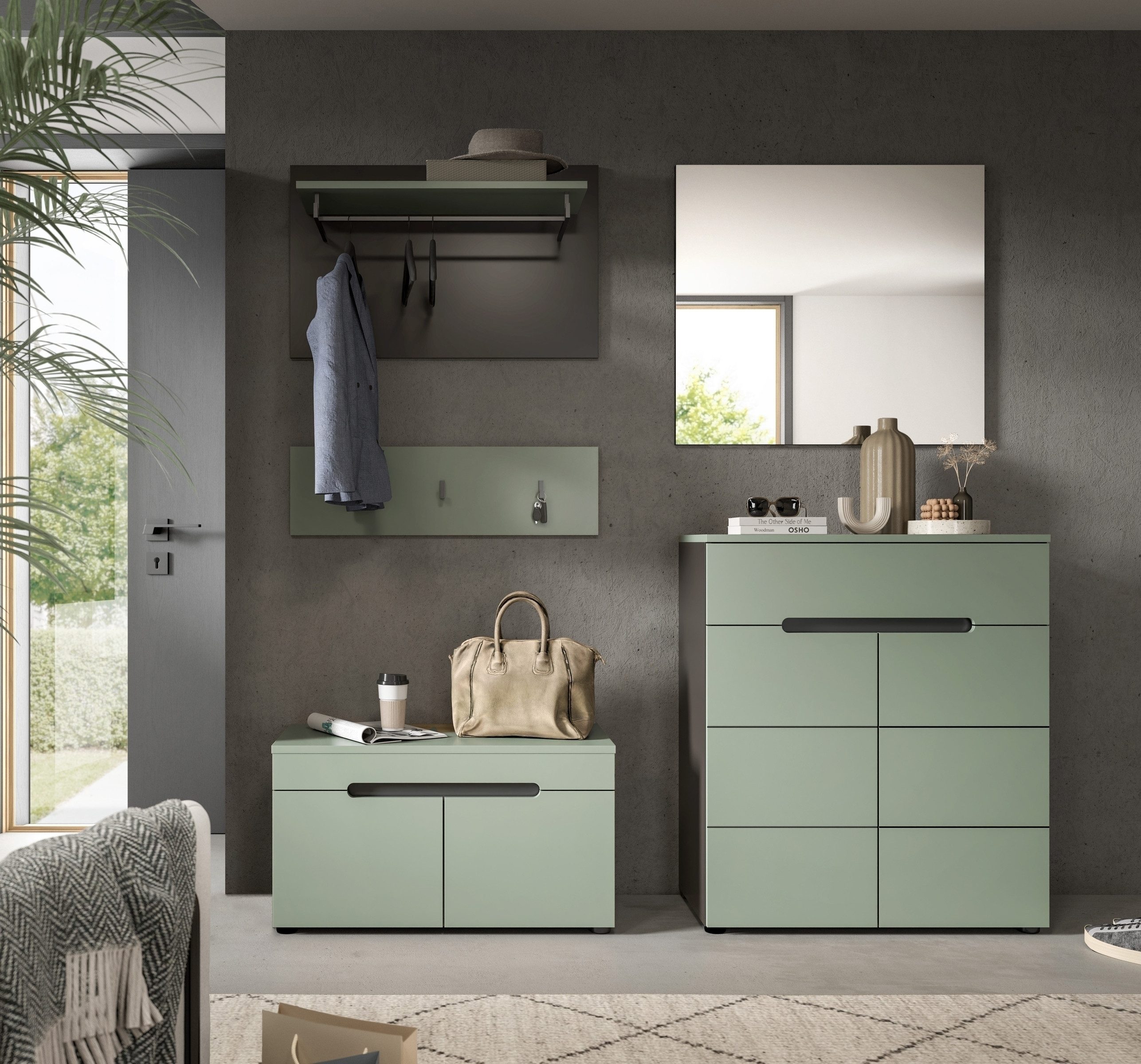 freiraum Garderoben-Set Canu, in Basalt Grau / Smoke Green - 175x190x37cm (BxHxT)