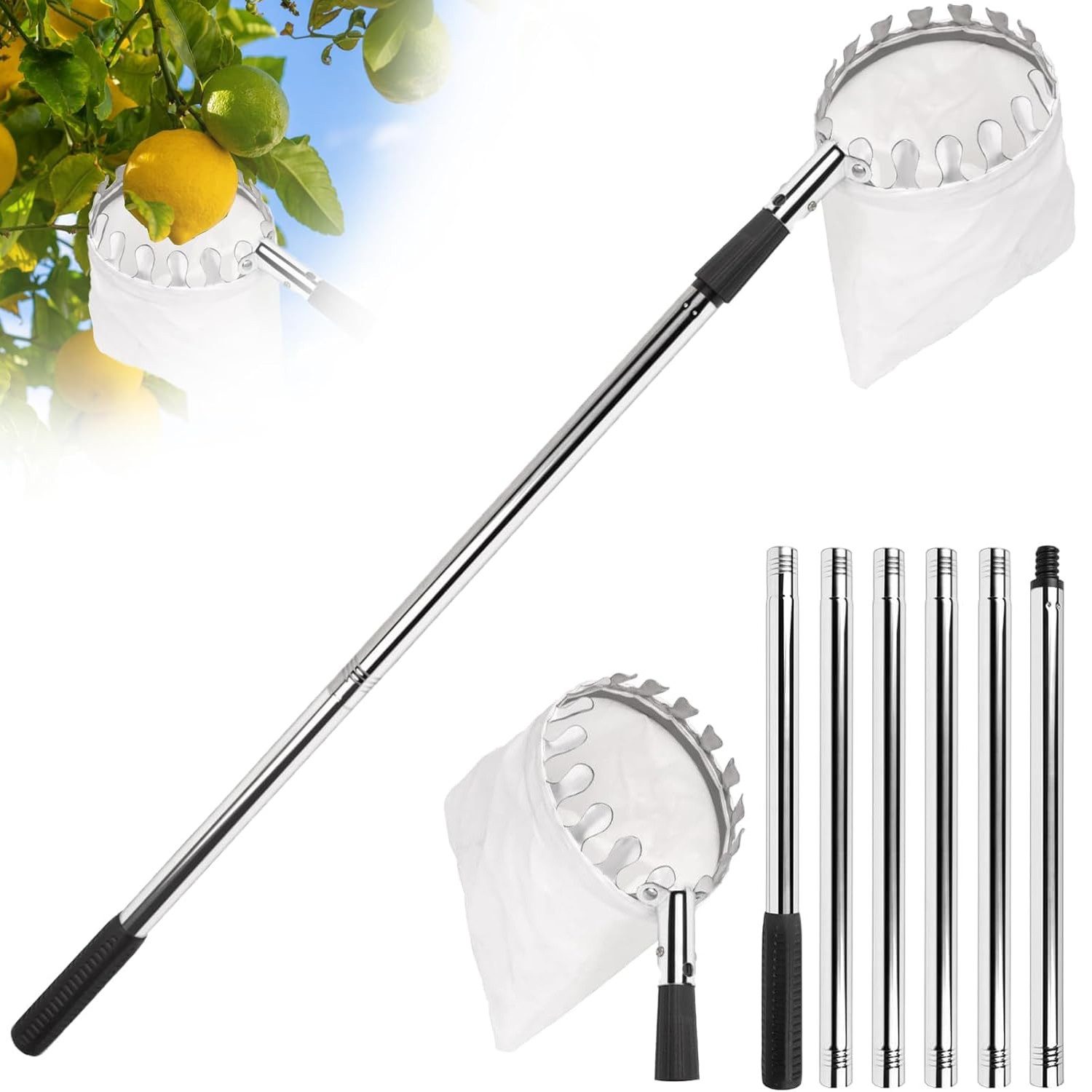 OSTWOLKE Obstpflücker Apfelpflücker mit Teleskopstiel bis 2,4M Obstsammler Pflückhilfe, 240 cm max. Stiellänge, für Kirschen, Birnen, Citrus, Orange