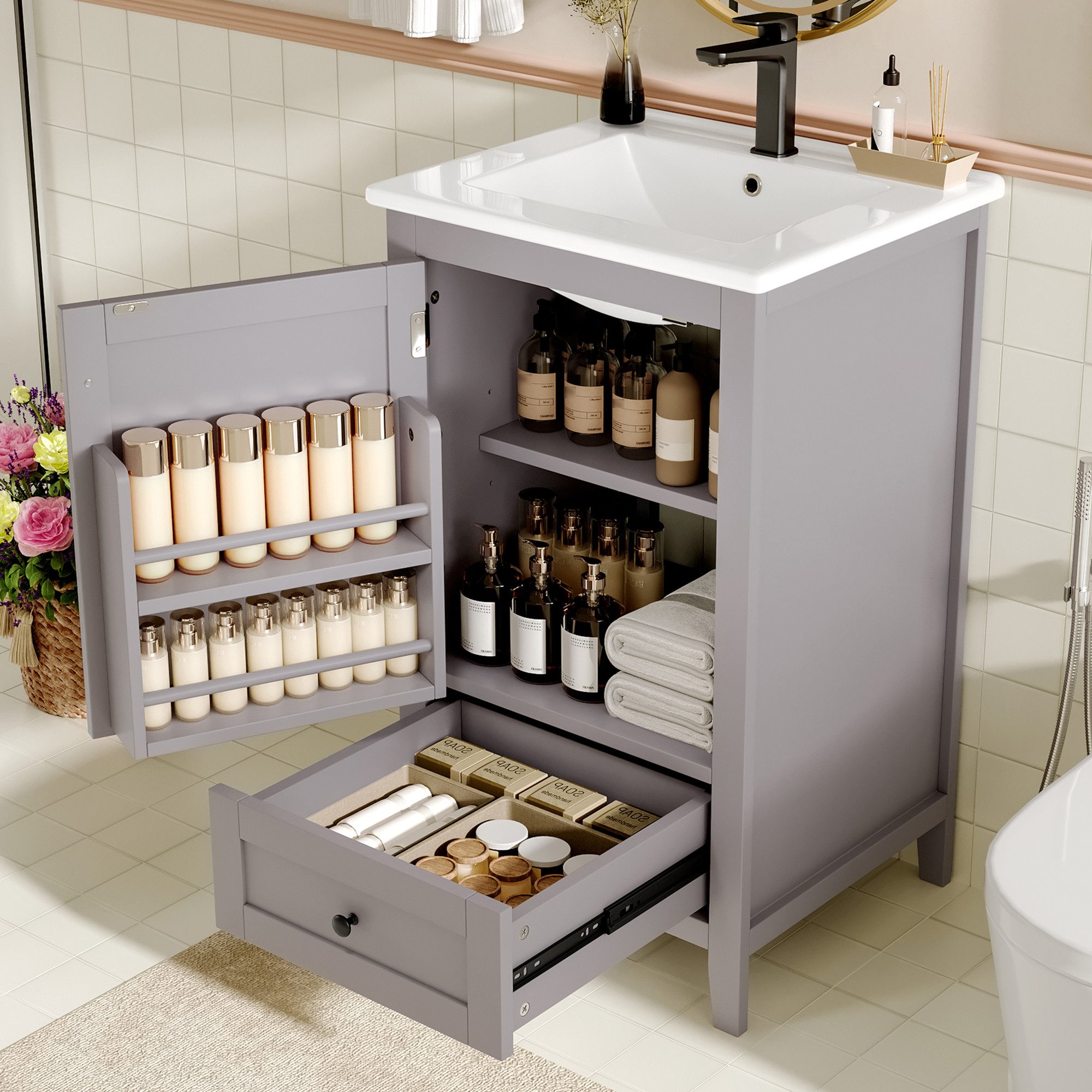 Badezimmerspiegelschrank Bodenstehender Badezimmerschrank mit Waschbe 51x46x85cm