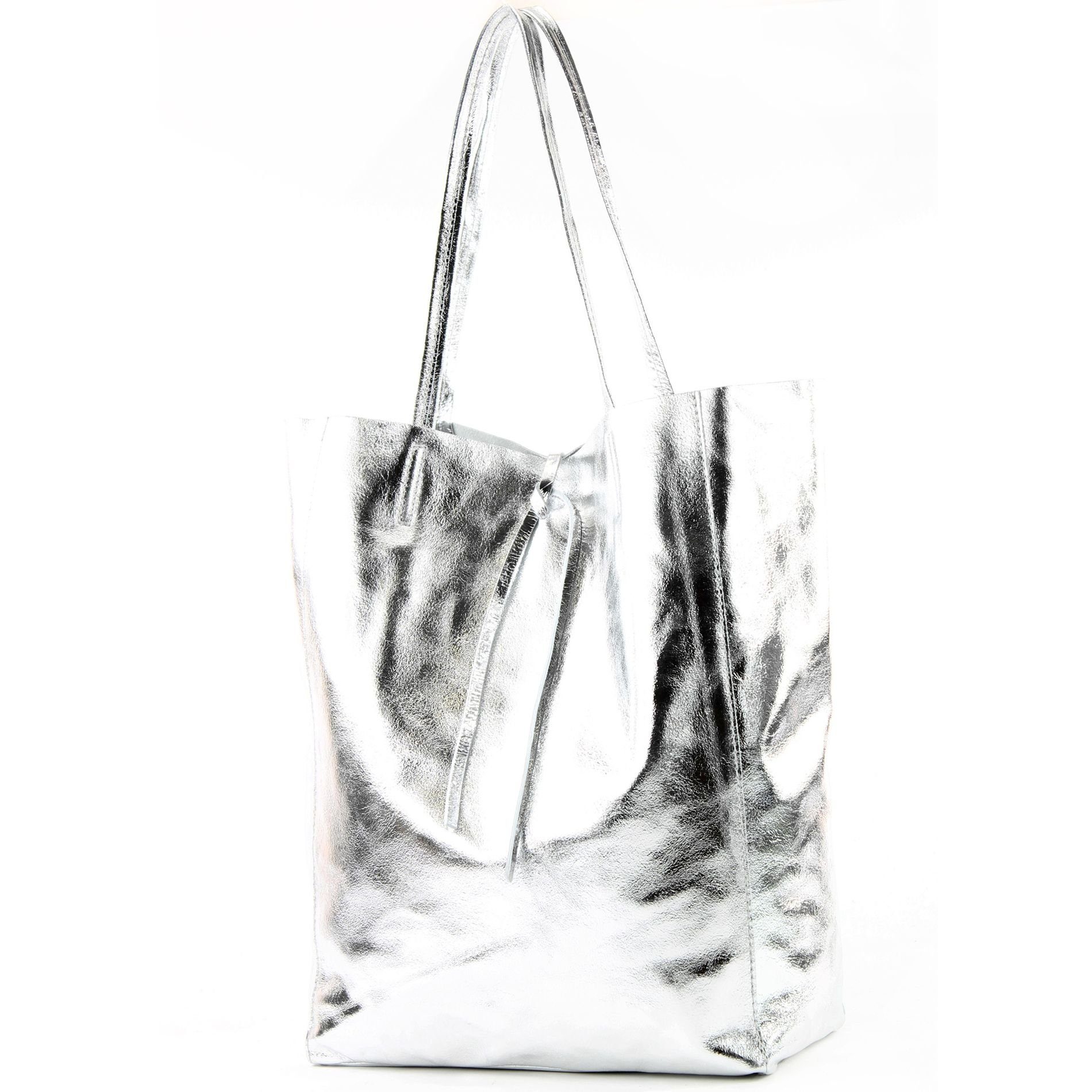 modamoda de Schultertasche T163v3, Echtleder Handmade in Italy Silber-Metallic