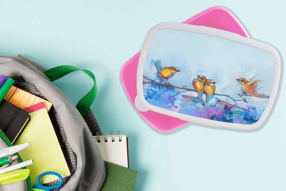Lunchbox - Snackbox, MuchoWow Ölfarbe rosa Gemälde Zweig, - für Kunststoff, Vogel Kinder, (2-tlg), Kunststoff Mädchen, Erwachsene, - Brotbox Brotdose