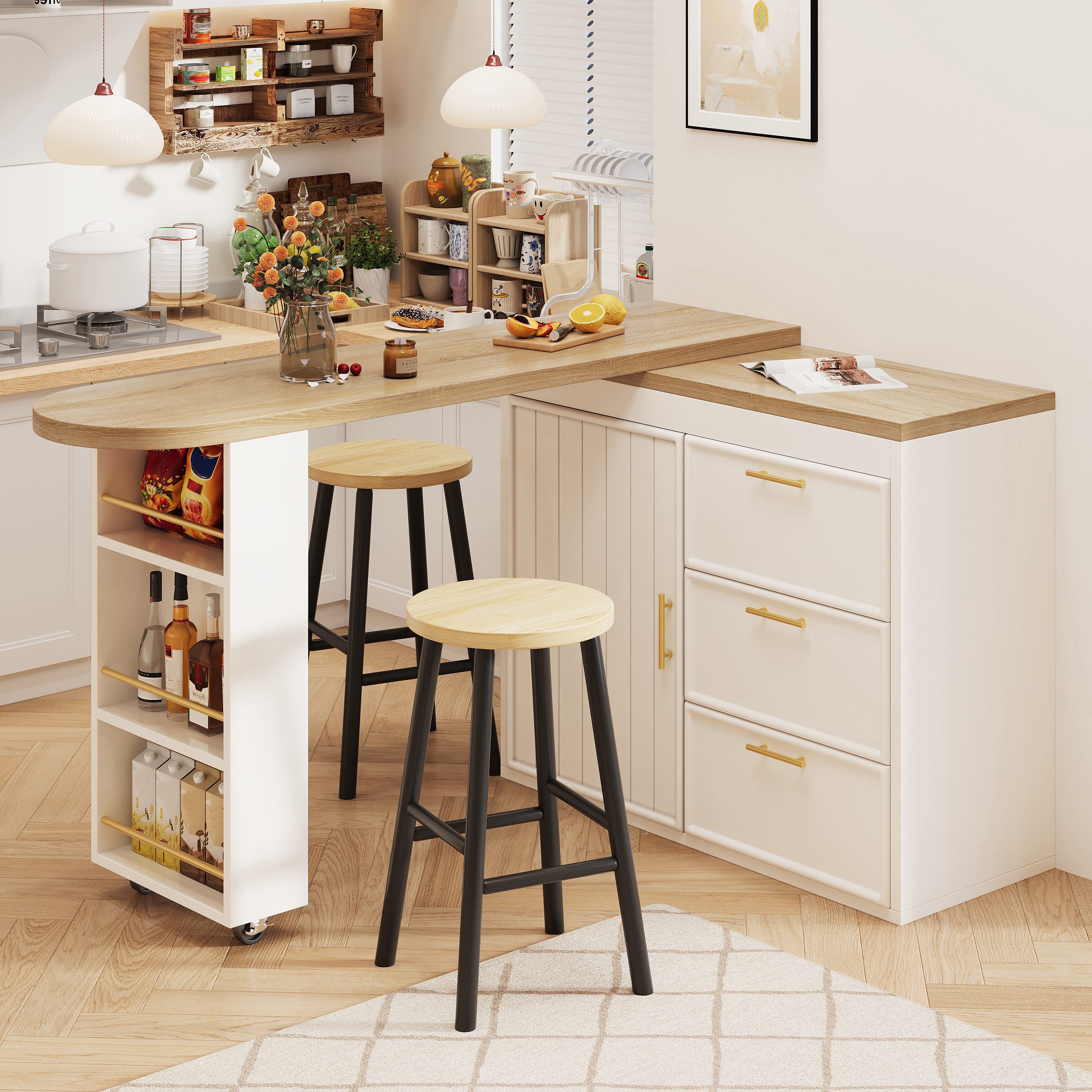 Flieks Bartisch 360° drehbarer Stehtisch & Kommode mit 3 Schubladen (Set, 2-St., 2er Set), Küchenschrank & schwenkbarer Tisch mit Arbeitsplatte in Holzoptik
