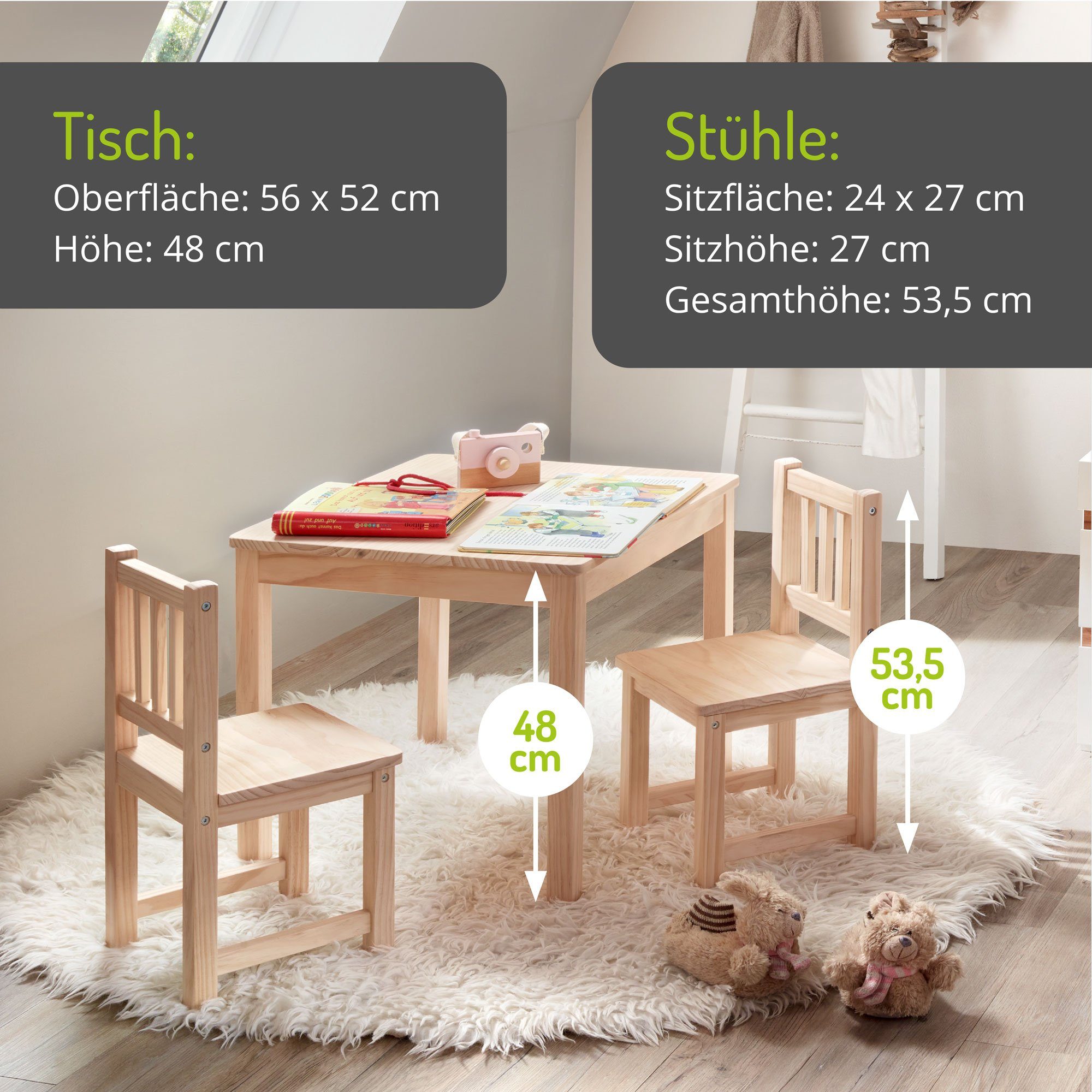 BOMI Kindersitzgruppe (3-tlg), 2 (Tisch Stühle, Amy, Holzsitzgruppe 3-tlg) und aus Kindertischgruppe Holz