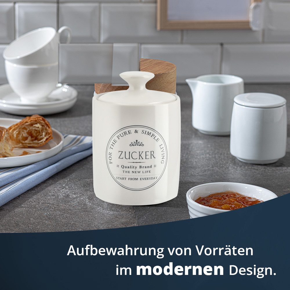 KHG Vorratsdose Zuckerdose aus Steinzeug in weiß mit Deckel im Landhausstil, Steingut, Aufbewahrungsdose für Zucker– perfekt zum Servieren am Tisch – Bild 2 von 5