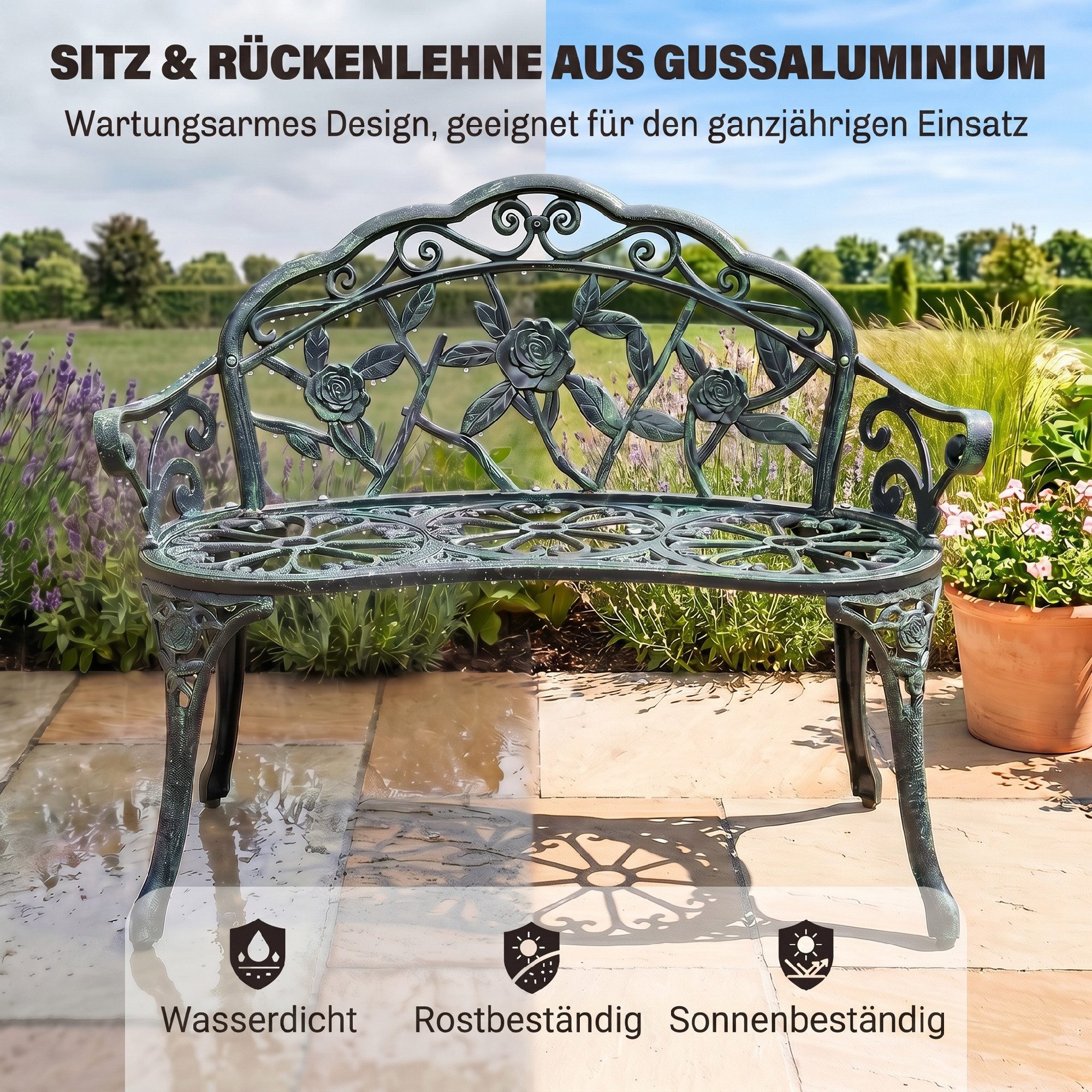 Outsunny Gartenbank Balkonbank Retro Stil, Blumenmuster, 240 kg belastbar, Antik Grün (Sitzbank, 1-St., Parkbank), 100 x 54 x 78 cm – Bild 5 von 5
