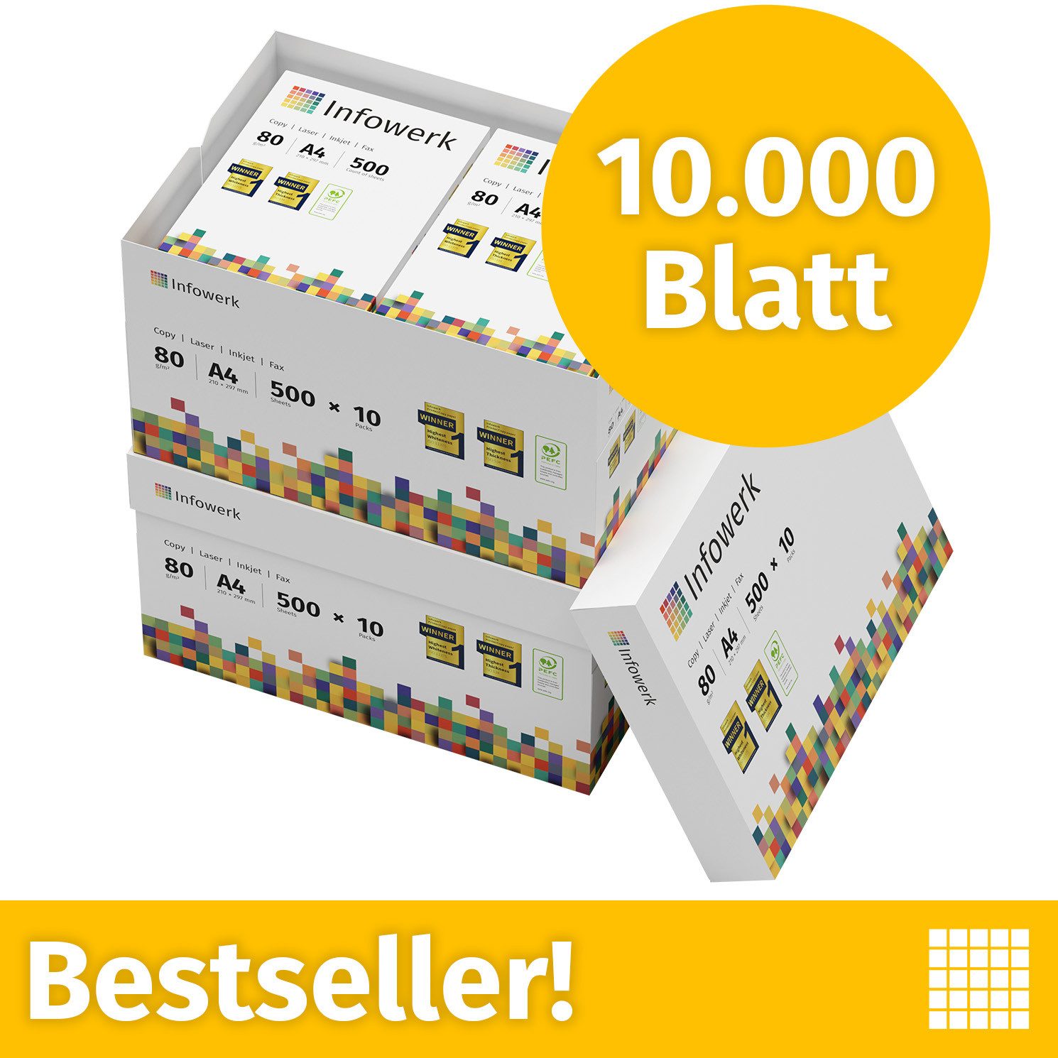 Infowerk Druckerpapier Kopierpapier 10000 Blatt A4 80g Premium Weiß Testsieger PEFC, PEFC-Zertifikat (GFA-PEFC-COC-500582)