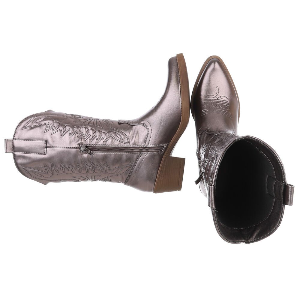 Ital-Design Damen Kniehohe Western-Stiefel mit Stickerei und Blockabsatz Westernstiefel (89938066) Blockabsatz Stiefel in Bronze