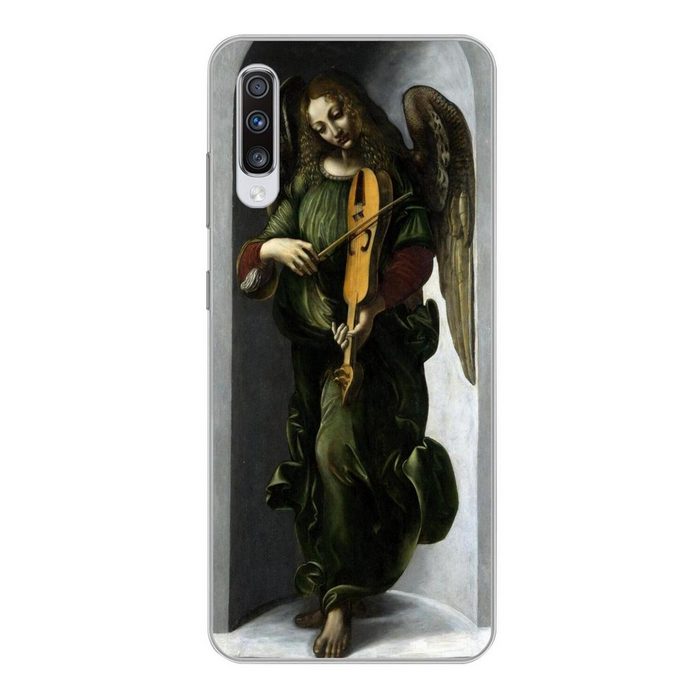 MuchoWow Handyhülle Ein Engel in Grün mit einer Fahne - Leonardo da Vinci Phone Case Handyhülle Samsung Galaxy A70 Silikon Schutzhülle