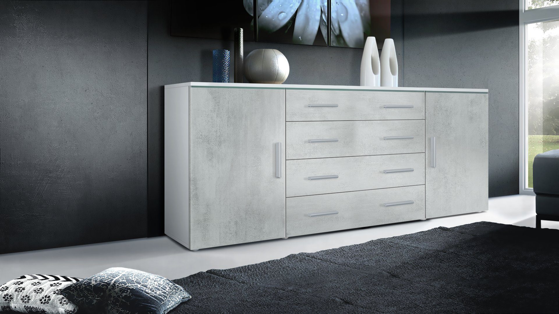 Vladon Sideboard Verona V2 (Kommode, mit 2 Türen und 4 Schubladen), Weiß matt/Beton Oxid Optik (166 x 72 x 35)