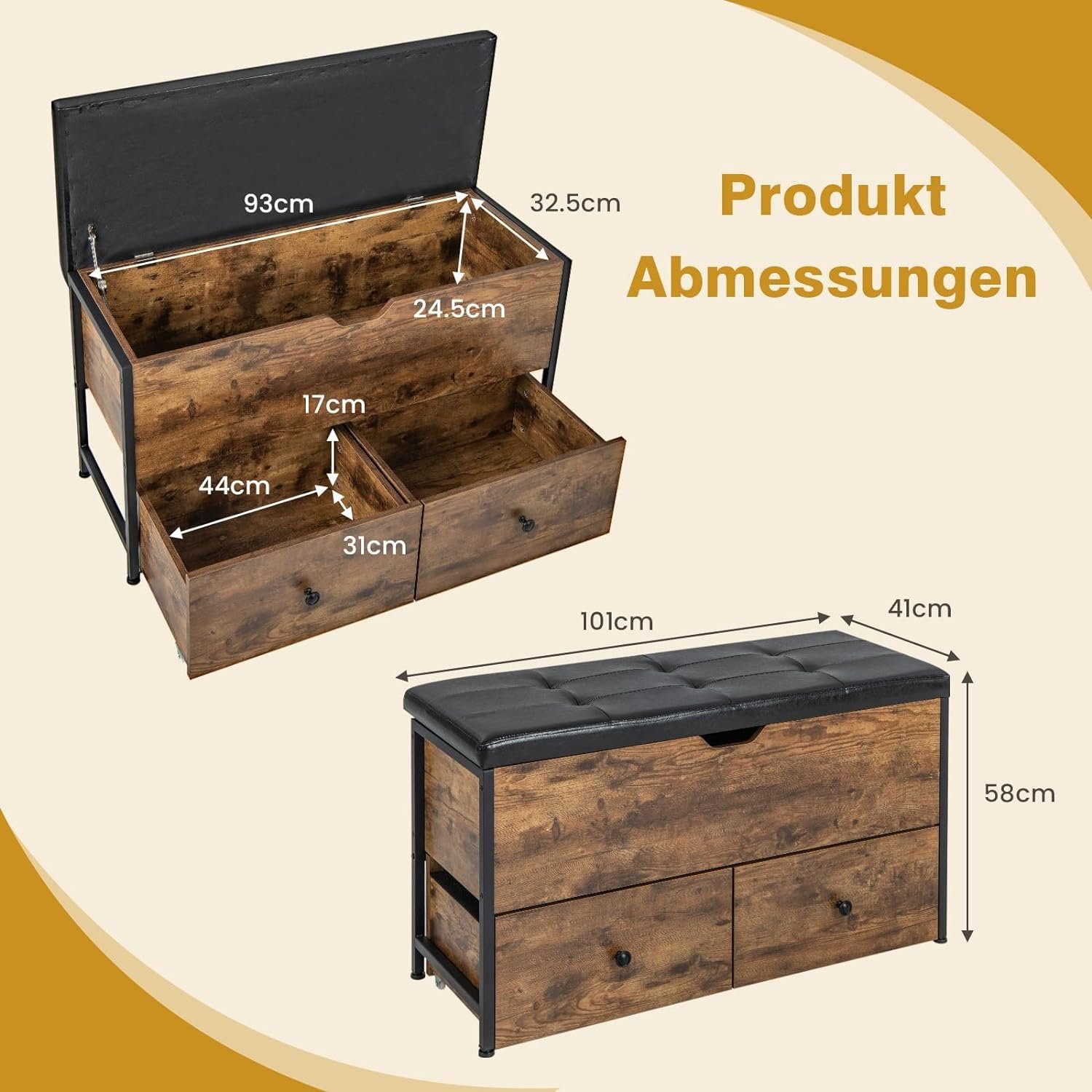 HOMEFORT Schuhbank Mit Hebebügel & Stauraum – 104x37x47 Cm, Gepolstert, Aus Holz & Metall, Für Flur & Eingangsbereich
