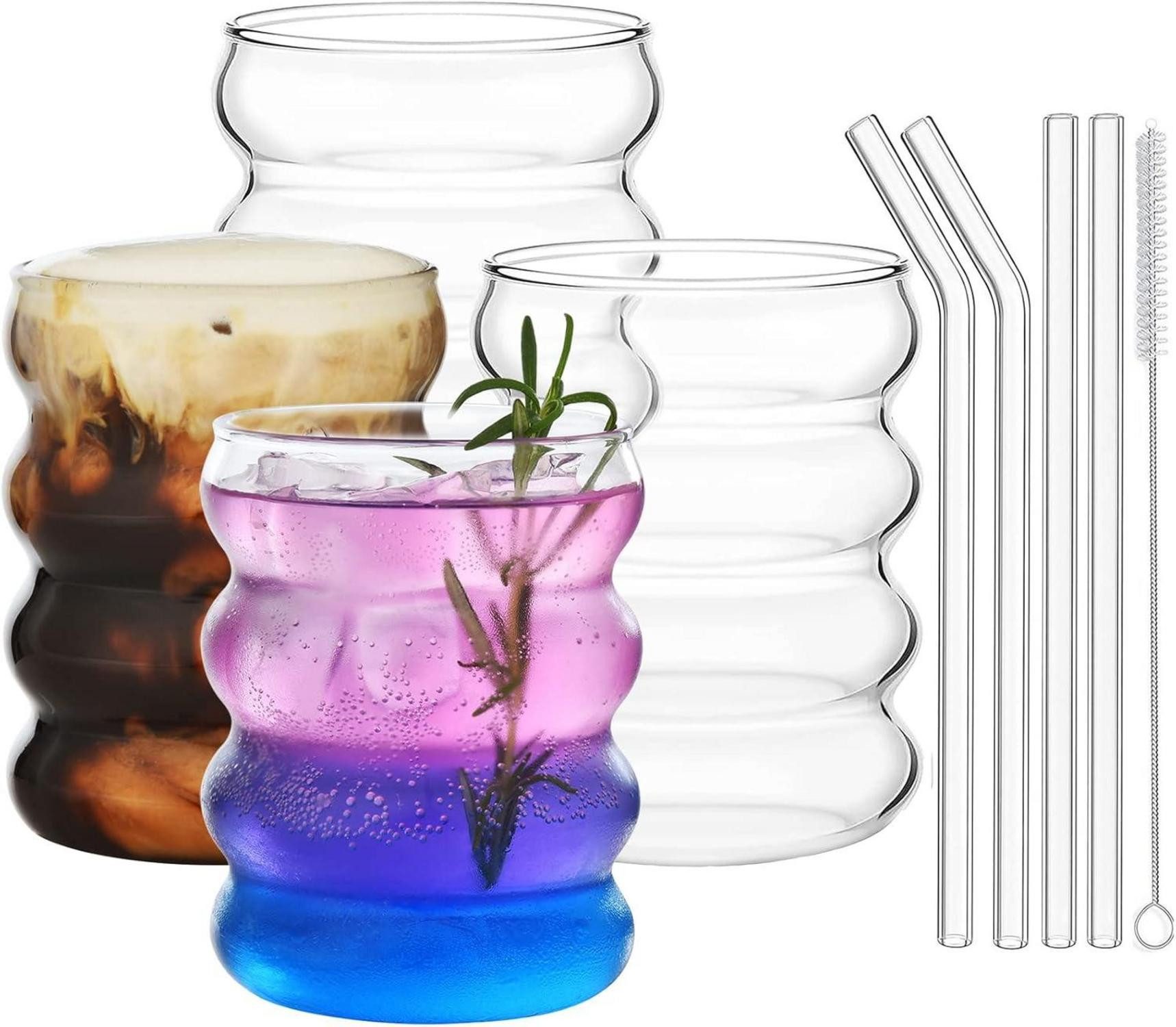 LuxusKollektion Tumbler-Glas Gerippte Trinkgläser mit Glasstrohhalmen 4er Set 350ml - Geschenk Wave
