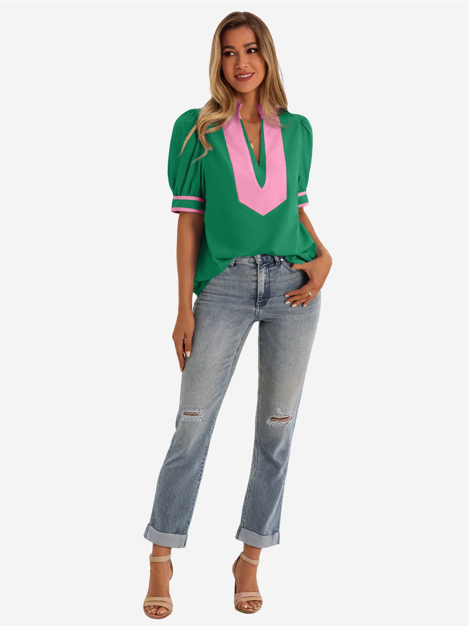Imily Bela T-Shirt Damen Puffarmbluse mit V-Ausschnitt (Packung, 1-tlg., 1per-Pack) kontrastfarben