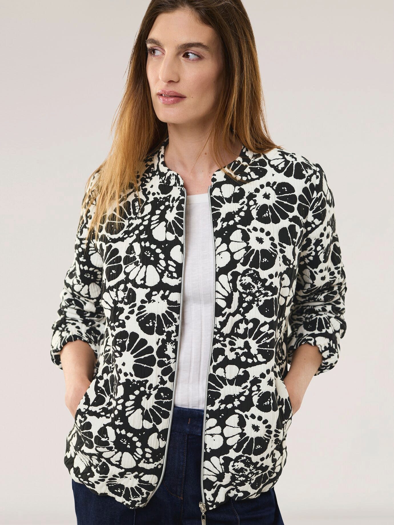 Walbusch Blouson Damen Blouson Blumenjacquard Rundhals, modern, bügelfrei