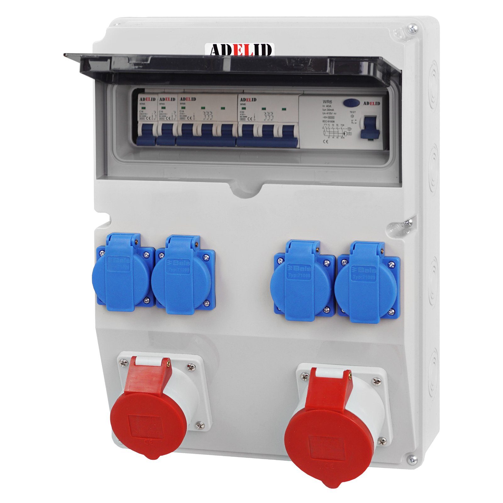 ADELID Stromverteiler, Wandverteiler 32A 16A 5-polig CEE 4x 230V Schuko FI-Schalter IP65
