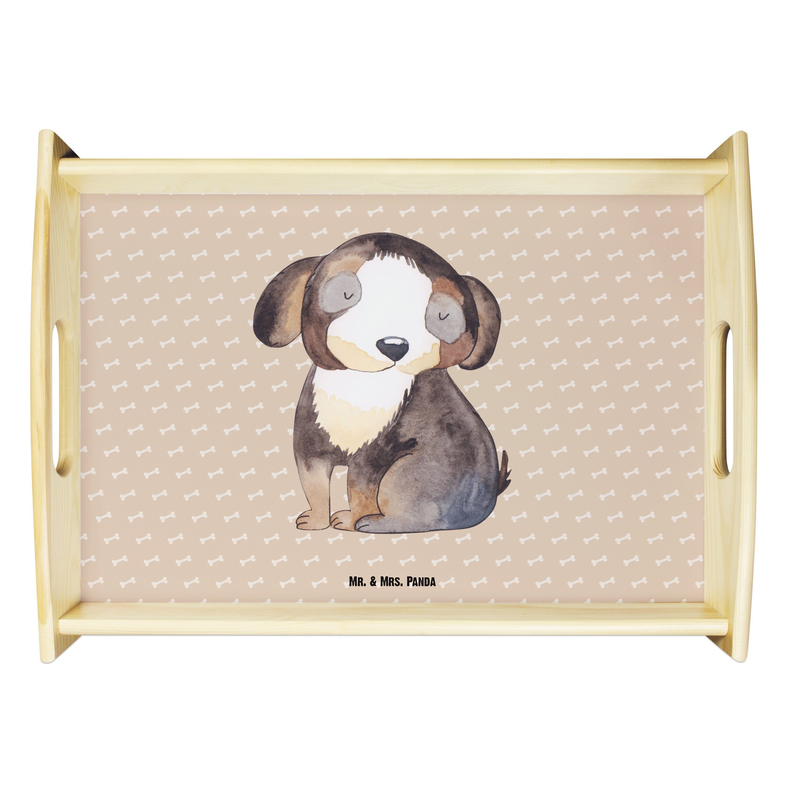 Mr. & Mrs. Panda Tablett Hund entspannt - Hundeglück - Geschenk, Dekotablett, Vierbeiner, schw, Echtholz lasiert, (1-tlg)