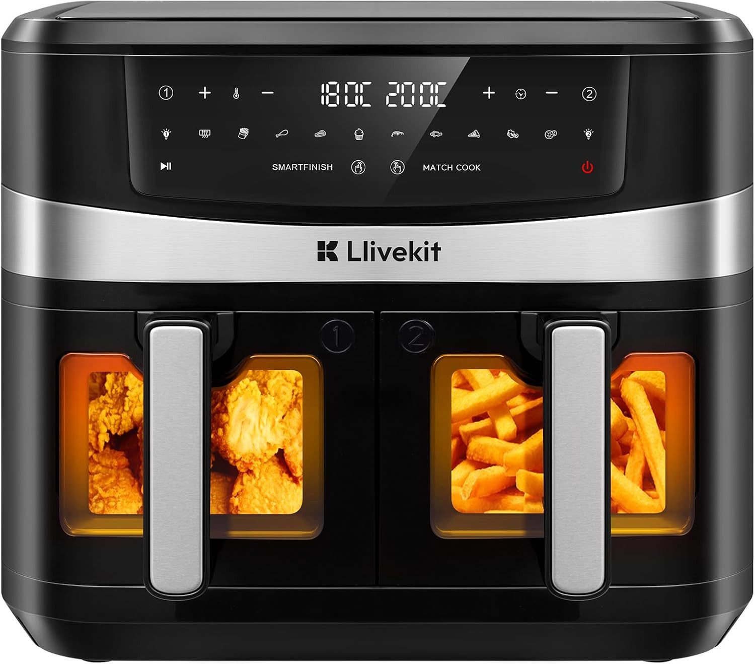 LLIVEKIT Heißluftfritteuse, 2800 W, 2 Kammern, Dual Blaze Airfryer 12 in 1, mit Spießhalter
