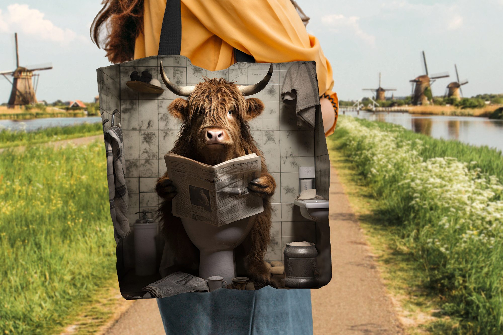 MuchoWow Shopper Scotch highlander - Toilette - Zeitung - Badezimmer, Handtasche, Damen und Herren, Schultertasche, Umhängetasche, Tote Bag
